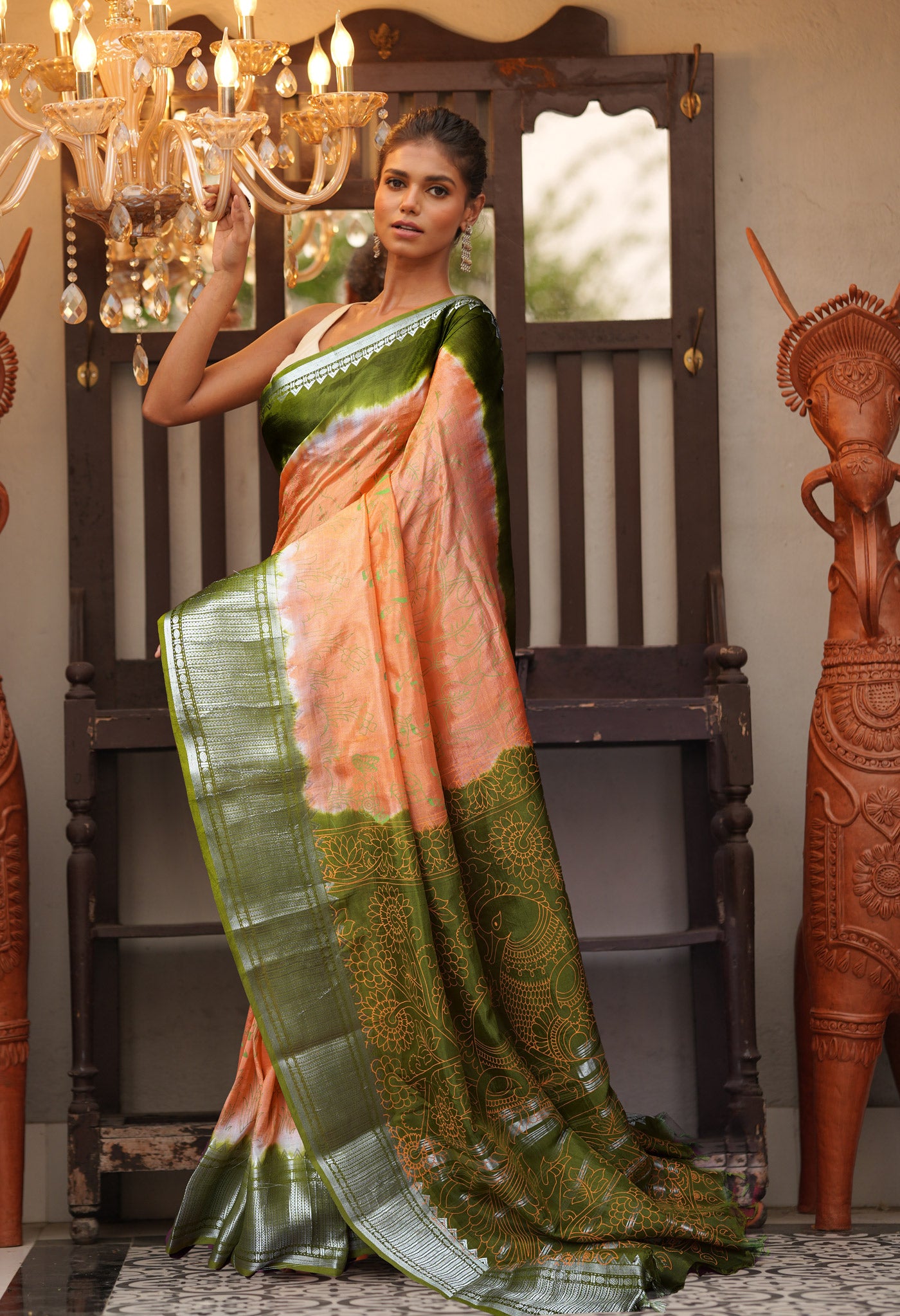 Orange-Olive Green Pure Designer Printed Soft Silk Saree-UNM82900