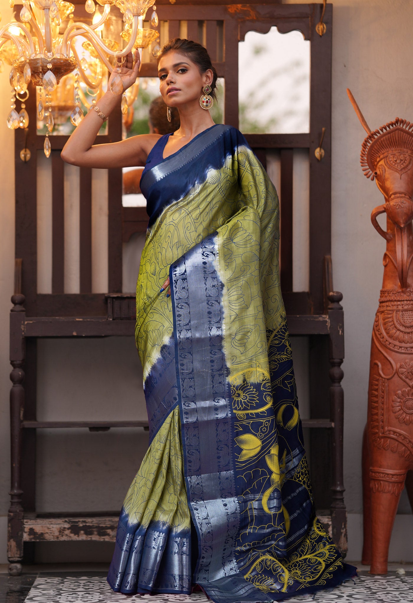 Olive Green-Navy Blue Pure Designer Printed Soft Silk Saree-UNM82901