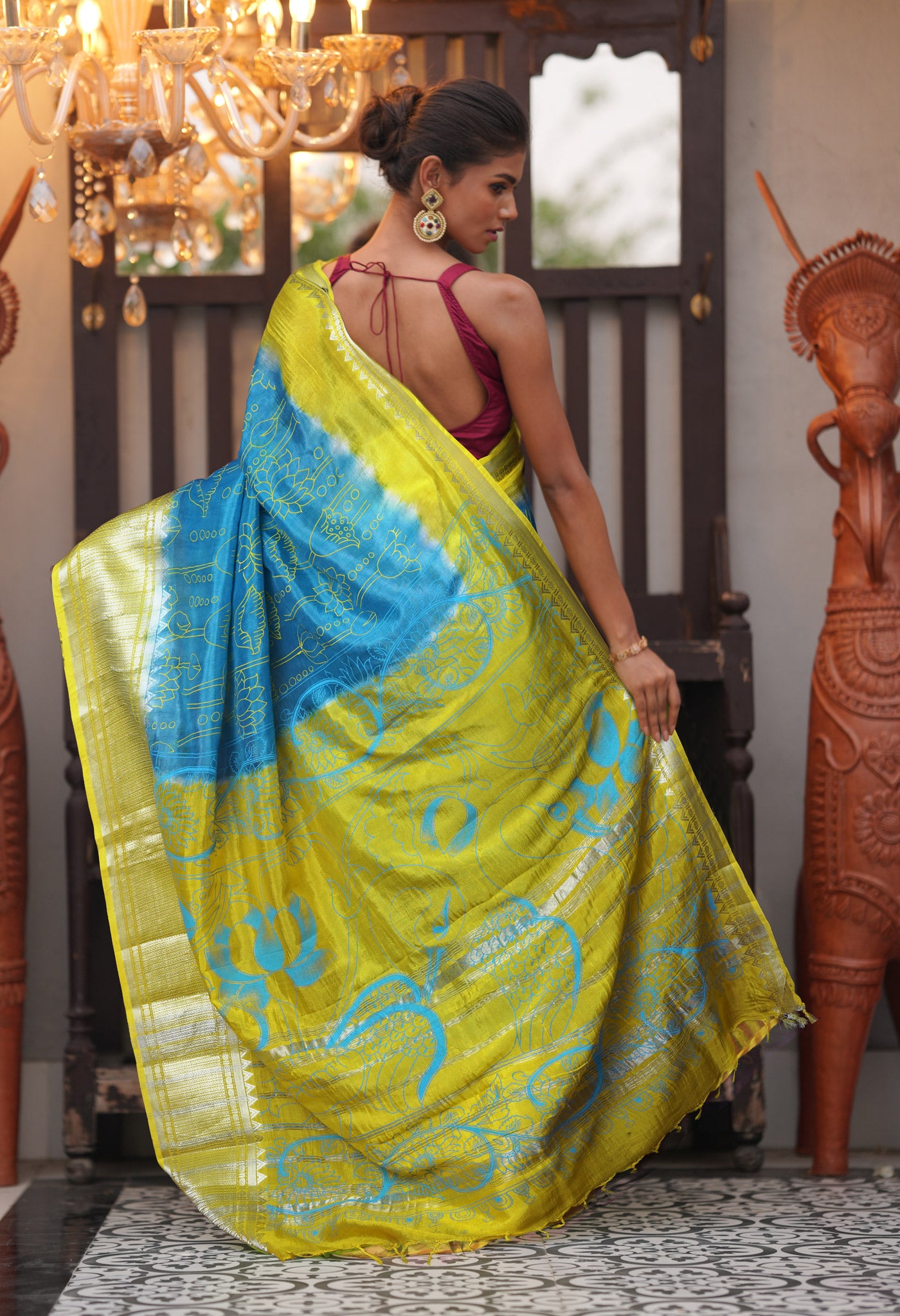 Blue-Yellow Pure Designer Printed Soft Silk Saree-UNM82902