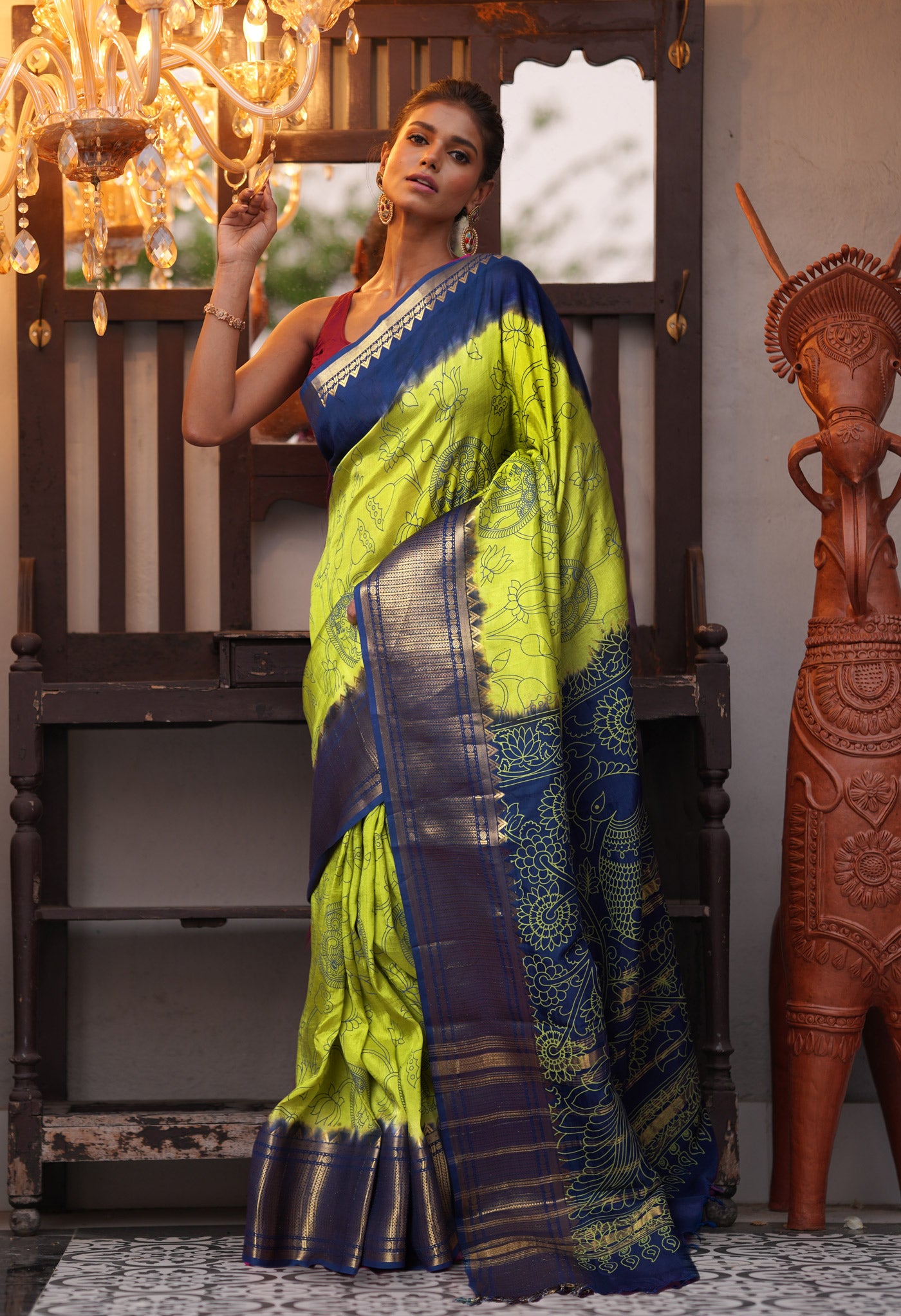 Mehendi Green-Navy Blue Pure Designer Printed Soft Silk Saree-UNM82904