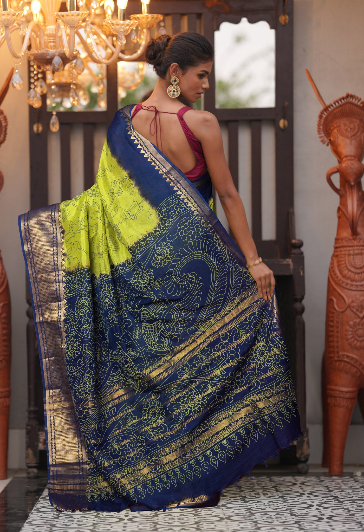 Mehendi Green-Navy Blue Pure Designer Printed Soft Silk Saree-UNM82904