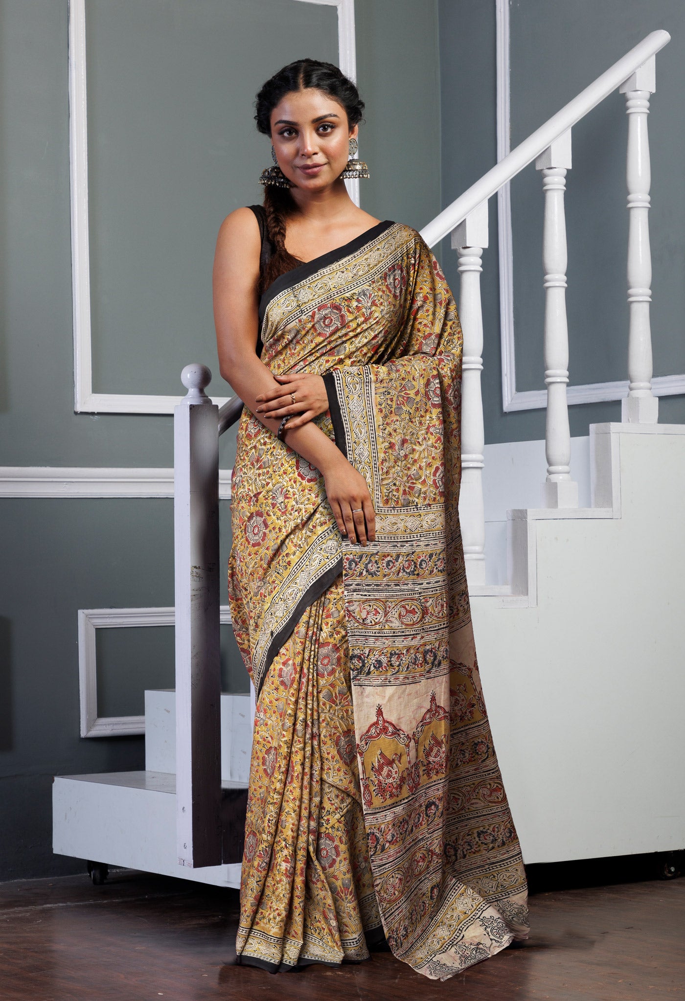 Yellow Pure Kalamkari Printed Soft Mulmul Cotton Saree-UNM82907