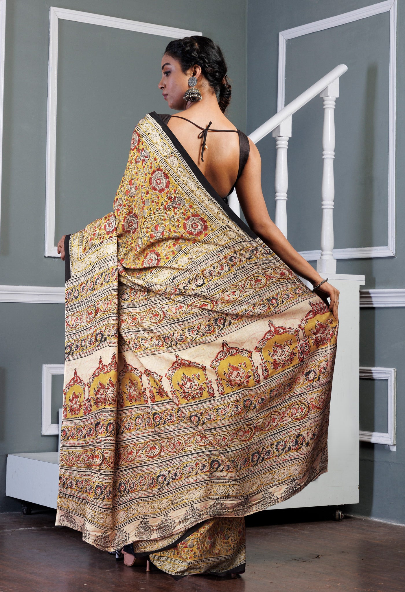 Yellow Pure Kalamkari Printed Soft Mulmul Cotton Saree-UNM82907