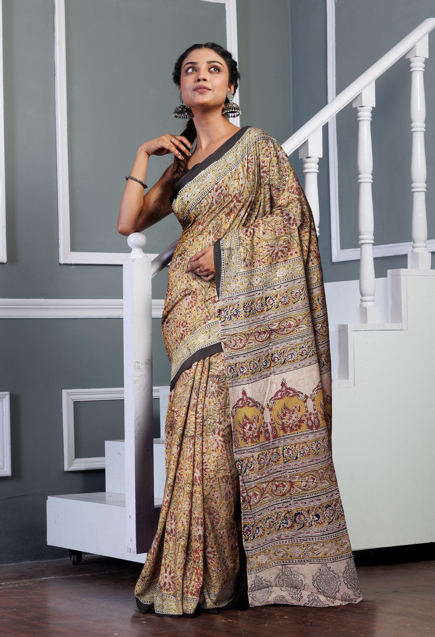 Yellow Pure Kalamkari Printed Soft Mulmul Cotton Saree-UNM82909