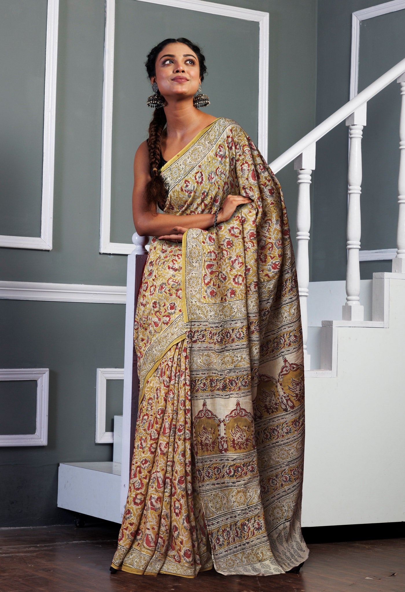Yellow Pure Kalamkari Printed Soft Mulmul Cotton Saree-UNM82911