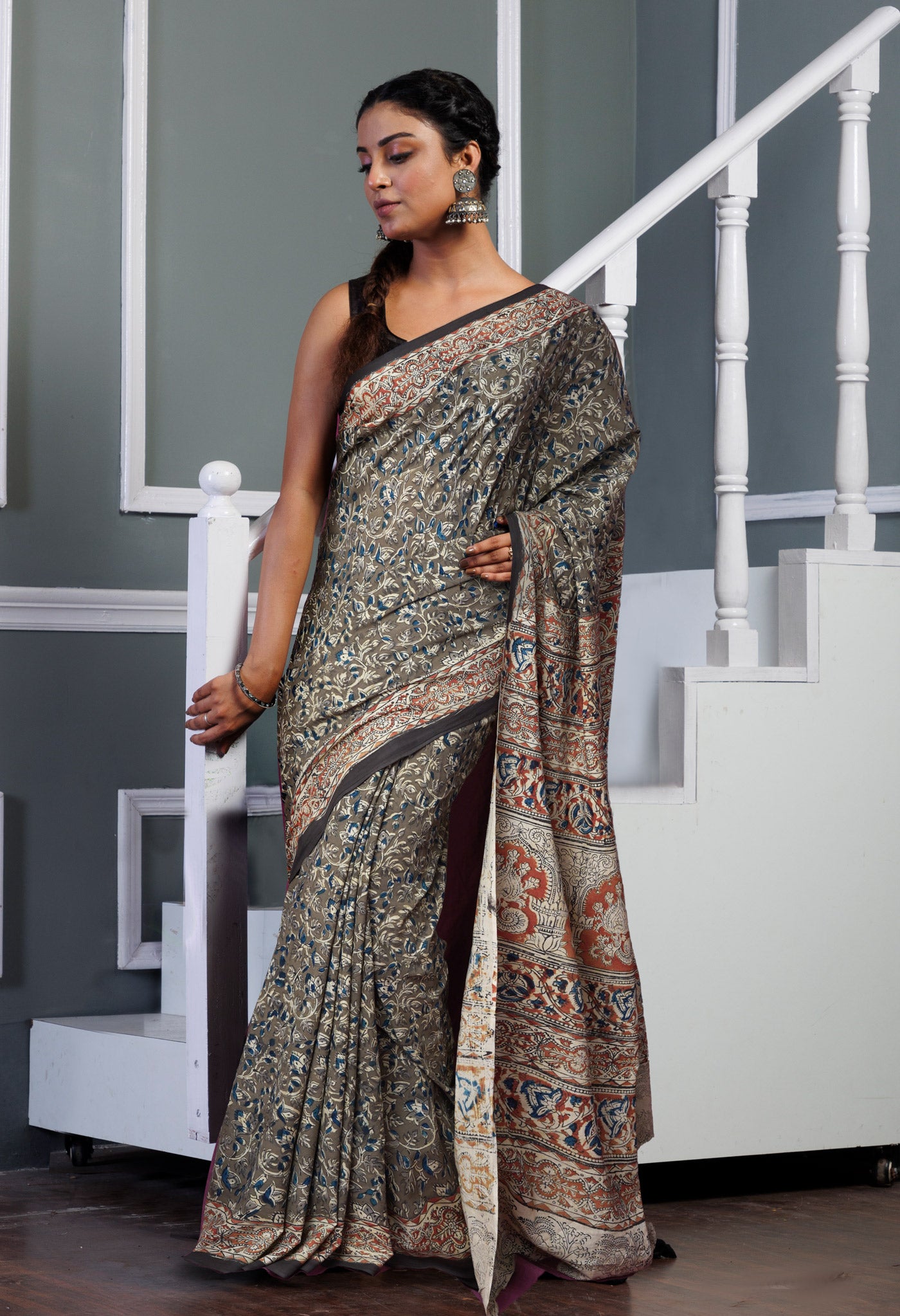 Grey Pure Kalamkari Printed Soft Mulmul Cotton Saree-UNM82913