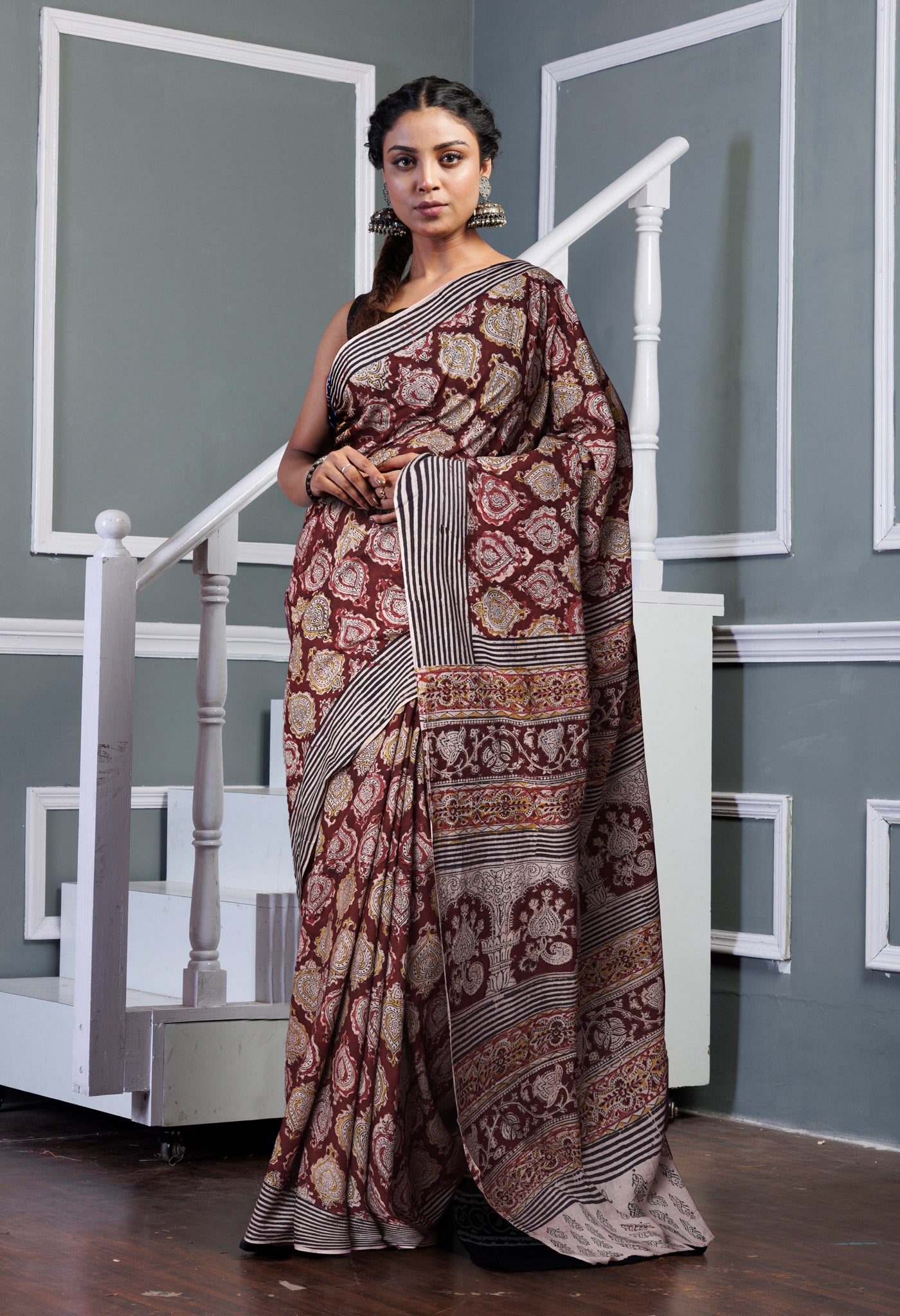 Maroon Pure Kalamkari Printed Soft Mulmul Cotton Saree-UNM82914