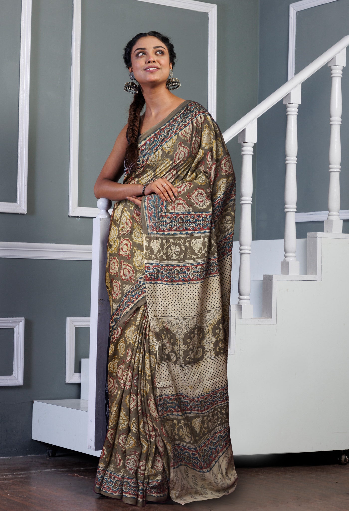 Grey Pure Kalamkari Printed Soft Mulmul Cotton Saree-UNM82915