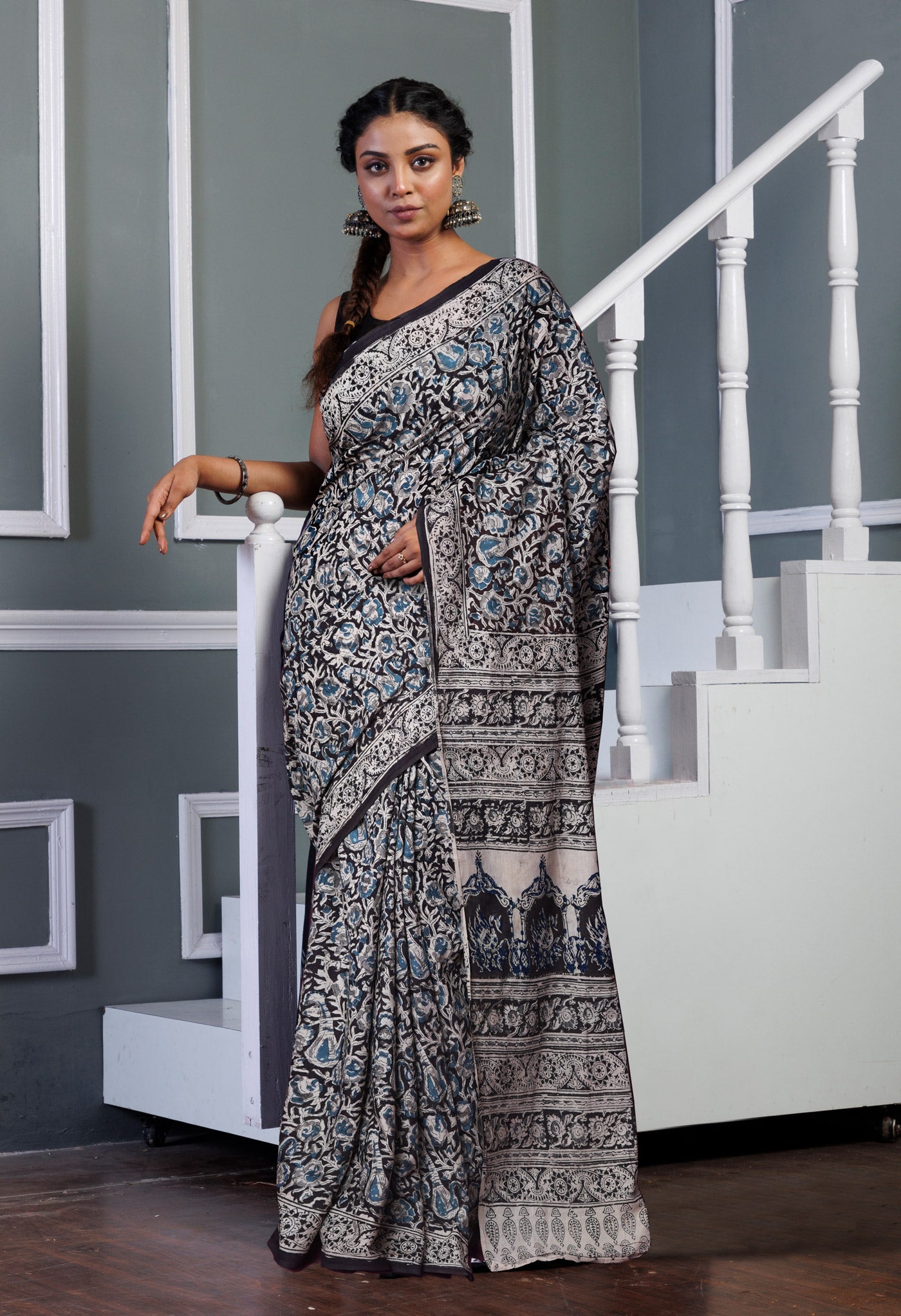 Black Pure Kalamkari Printed Soft Mulmul Cotton Saree-UNM82916
