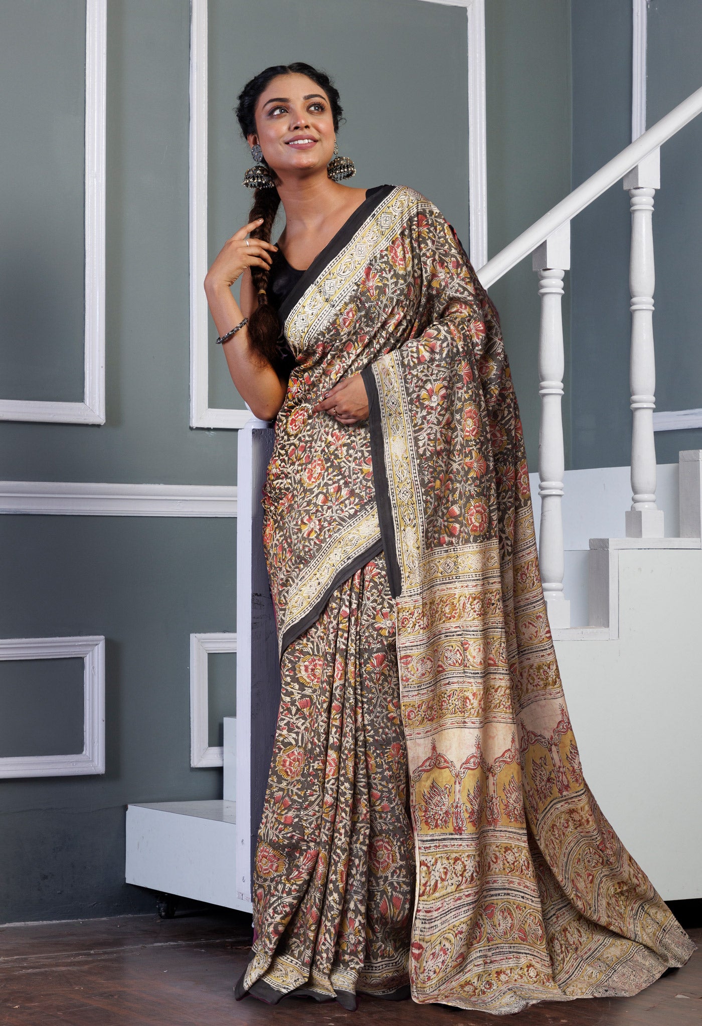 Grey Pure Kalamkari Printed Soft Mulmul Cotton Saree-UNM82919