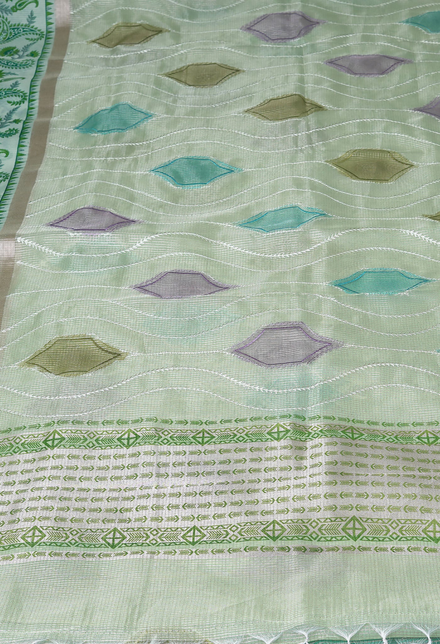 Green Pure Banarasi Zari Weaving Checks and Applique With Emboridery Kota Saree-UNM82962