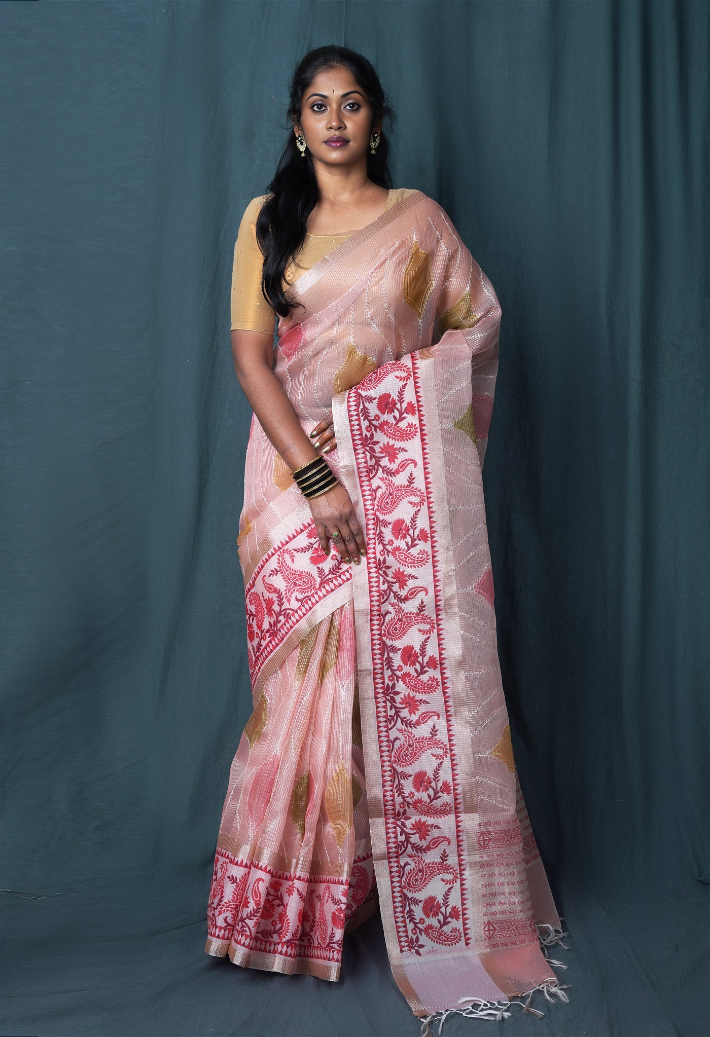 Orange Pure Banarasi Zari Weaving Checks and Applique With Emboridery Kota Saree-UNM82963