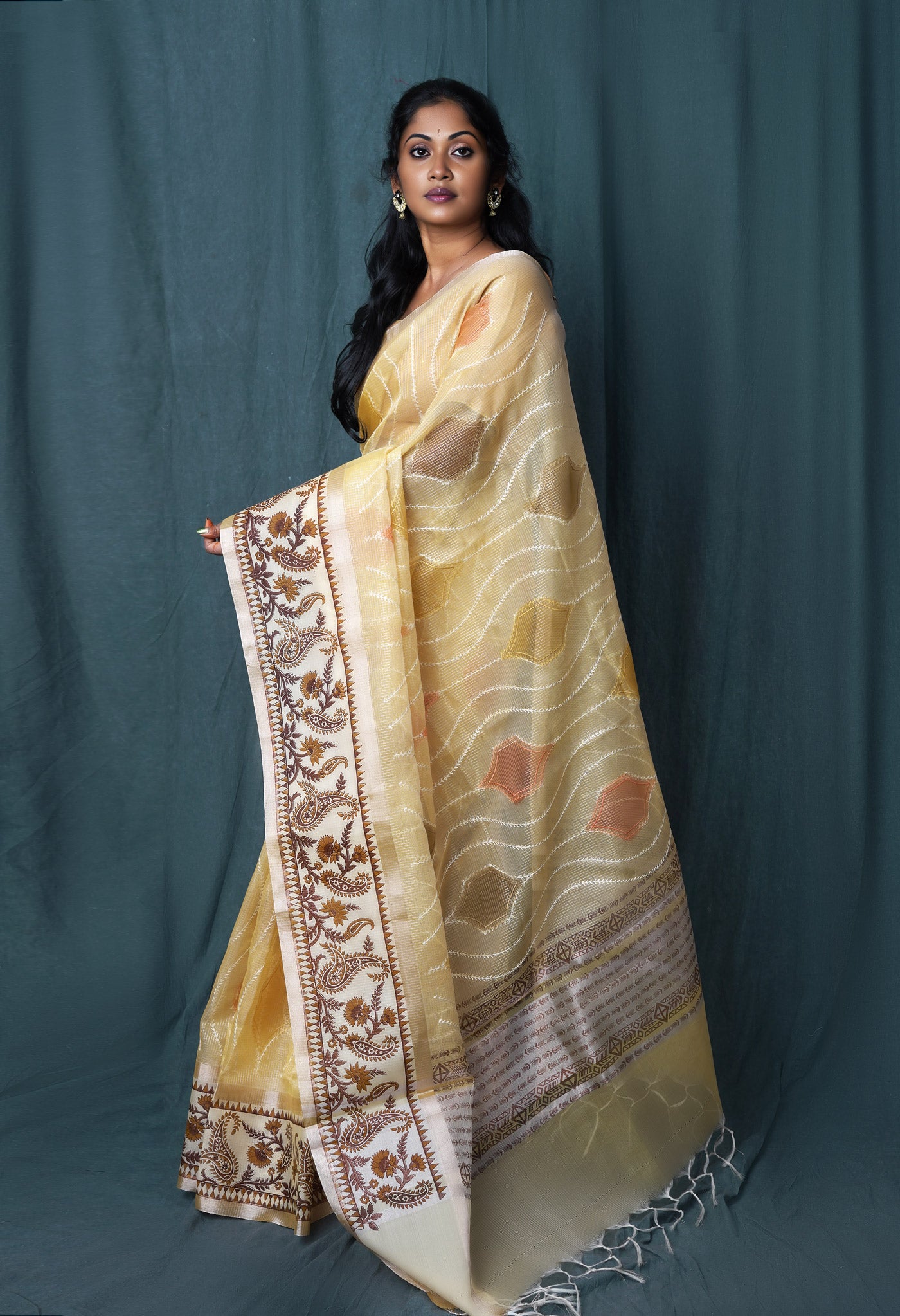 Yellow Pure Banarasi Zari Weaving Checks and Applique With Emboridery Kota Saree-UNM82964