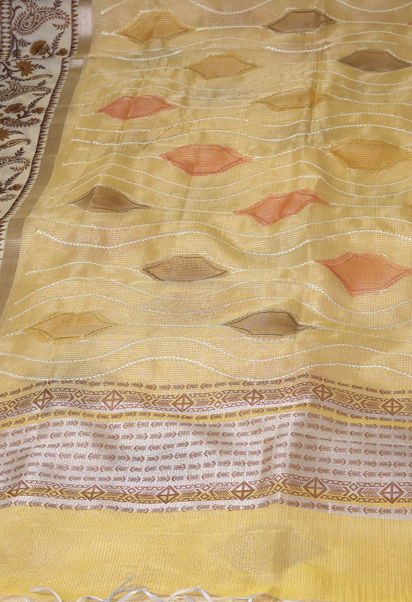 Yellow Pure Banarasi Zari Weaving Checks and Applique With Emboridery Kota Saree-UNM82964