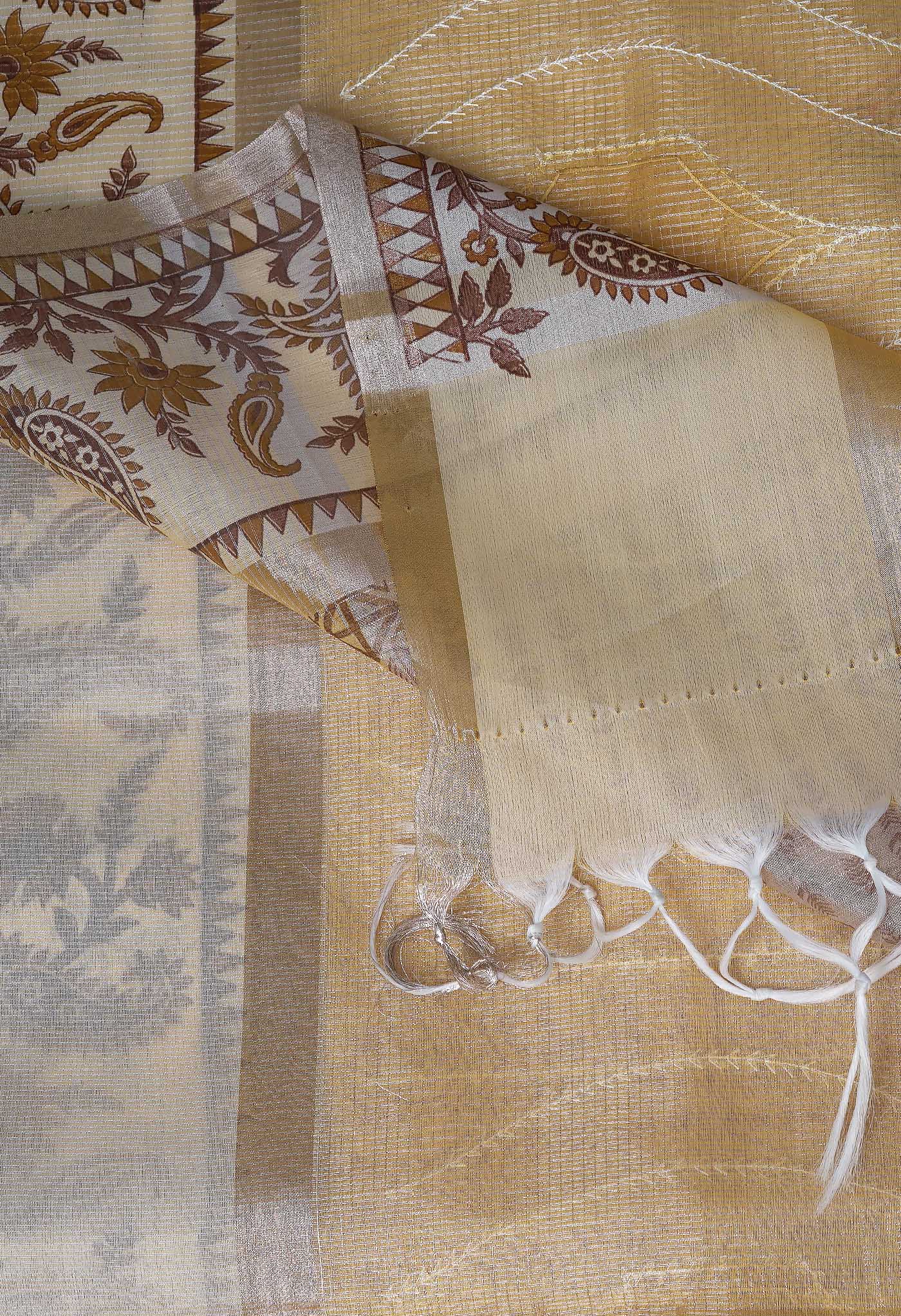 Yellow Pure Banarasi Zari Weaving Checks and Applique With Emboridery Kota Saree-UNM82964