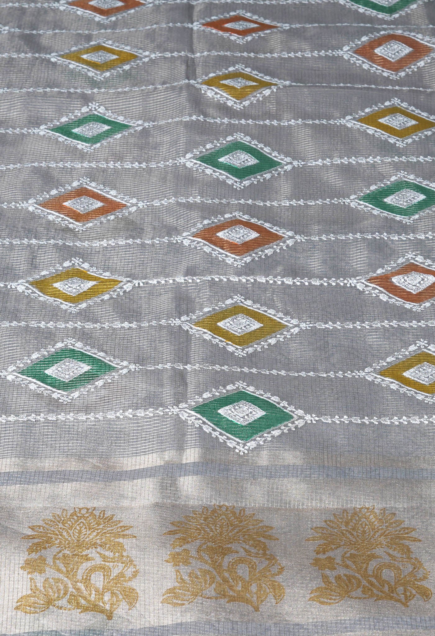 Grey Pure Banarasi Zari Weaving Checks and Applique With Emboridery Kota Saree-UNM82966