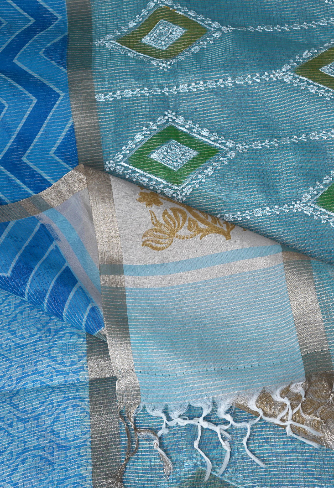 Blue Pure Banarasi Zari Weaving Checks and Applique With Emboridery Kota Saree-UNM82967