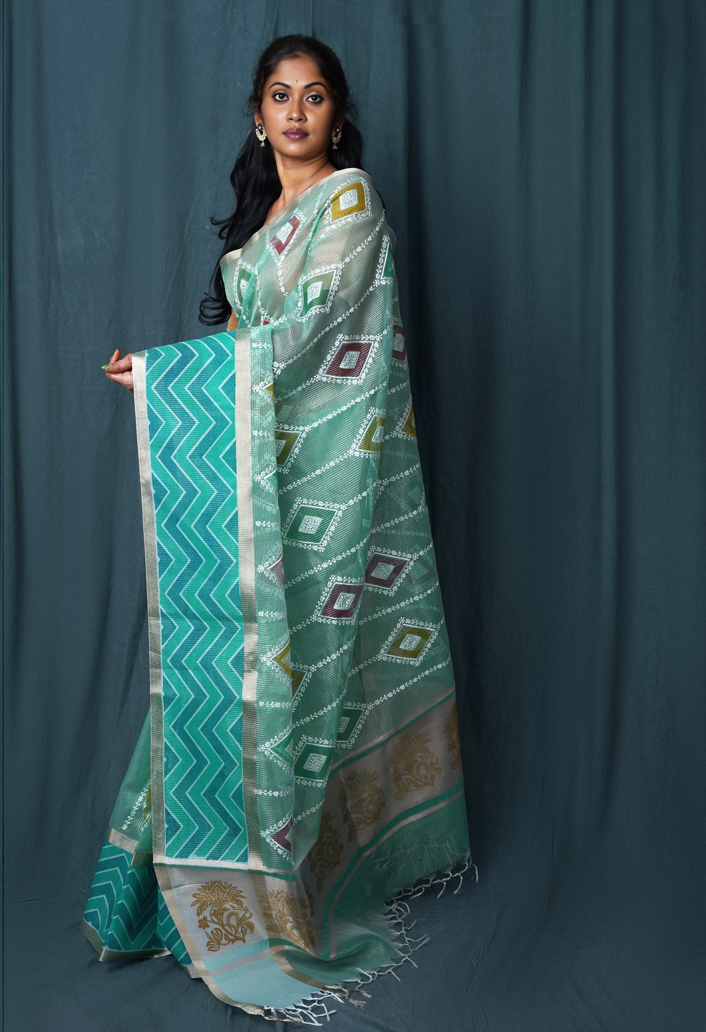 Turquoise Blue Pure Banarasi Zari Weaving Checks and Applique With Emboridery Kota Saree-UNM82968