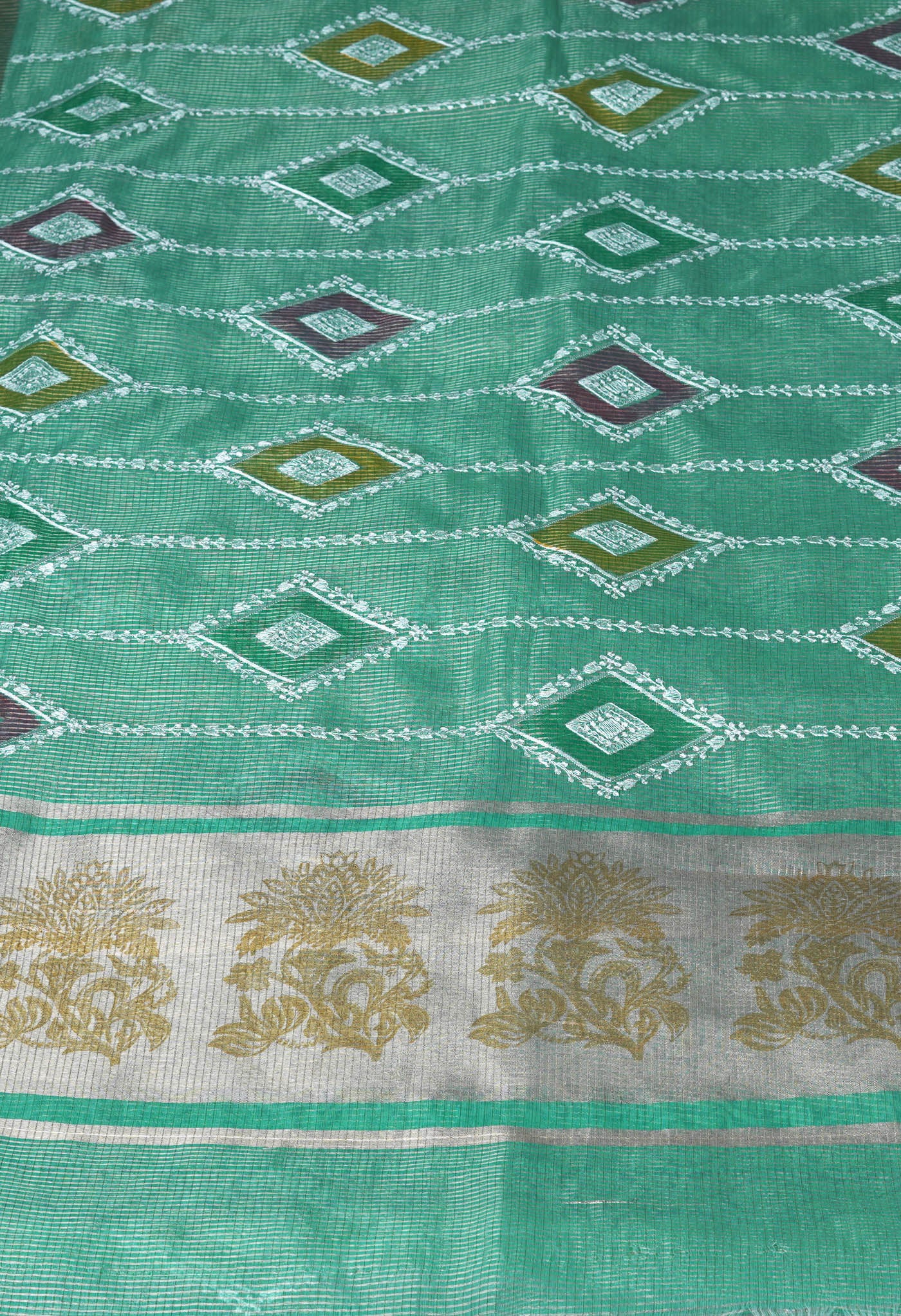 Turquoise Blue Pure Banarasi Zari Weaving Checks and Applique With Emboridery Kota Saree-UNM82968