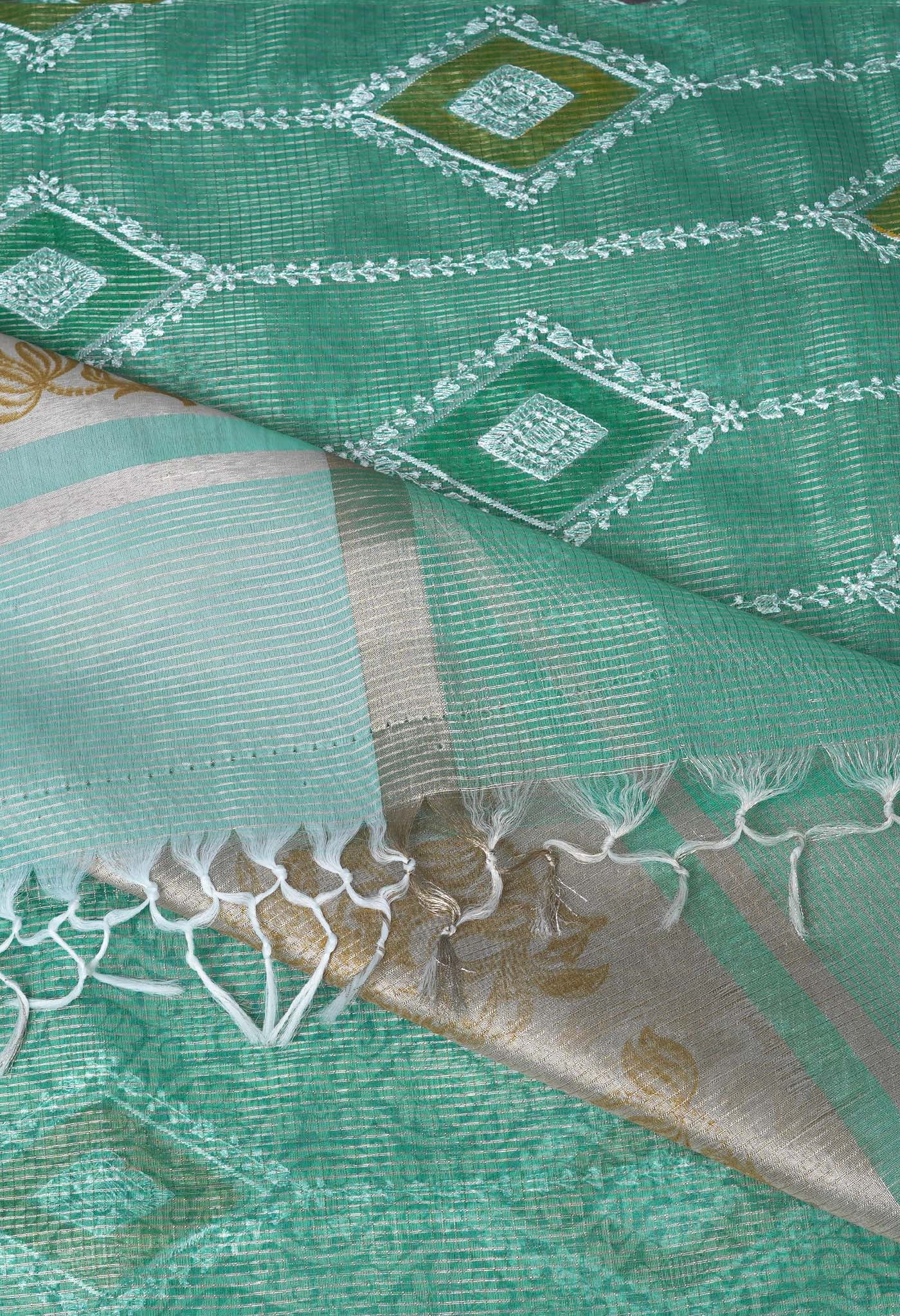 Turquoise Blue Pure Banarasi Zari Weaving Checks and Applique With Emboridery Kota Saree-UNM82968