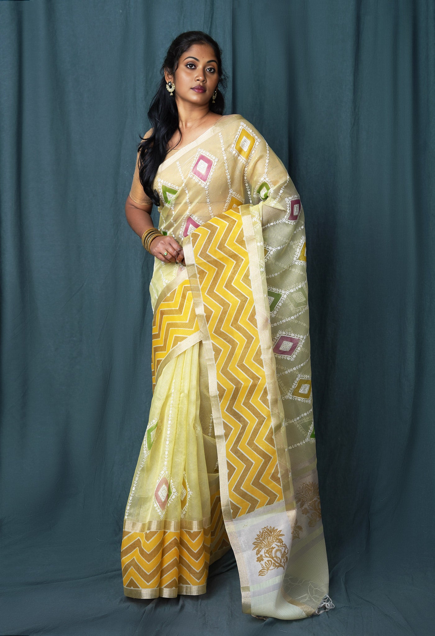 Lemon Yellow Pure Banarasi Zari Weaving Checks and Applique With Emboridery Kota Saree-UNM82969