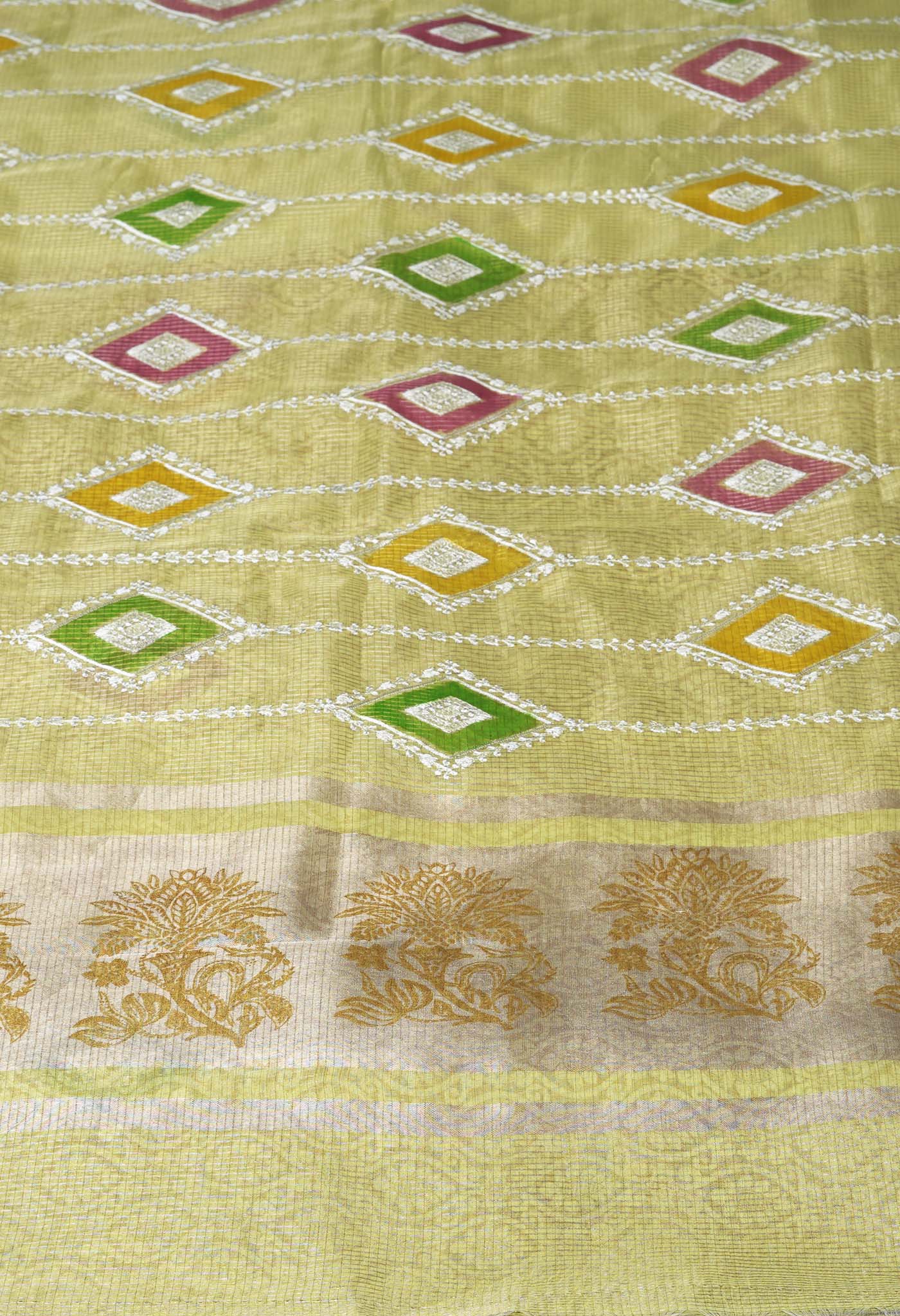 Lemon Yellow Pure Banarasi Zari Weaving Checks and Applique With Emboridery Kota Saree-UNM82969