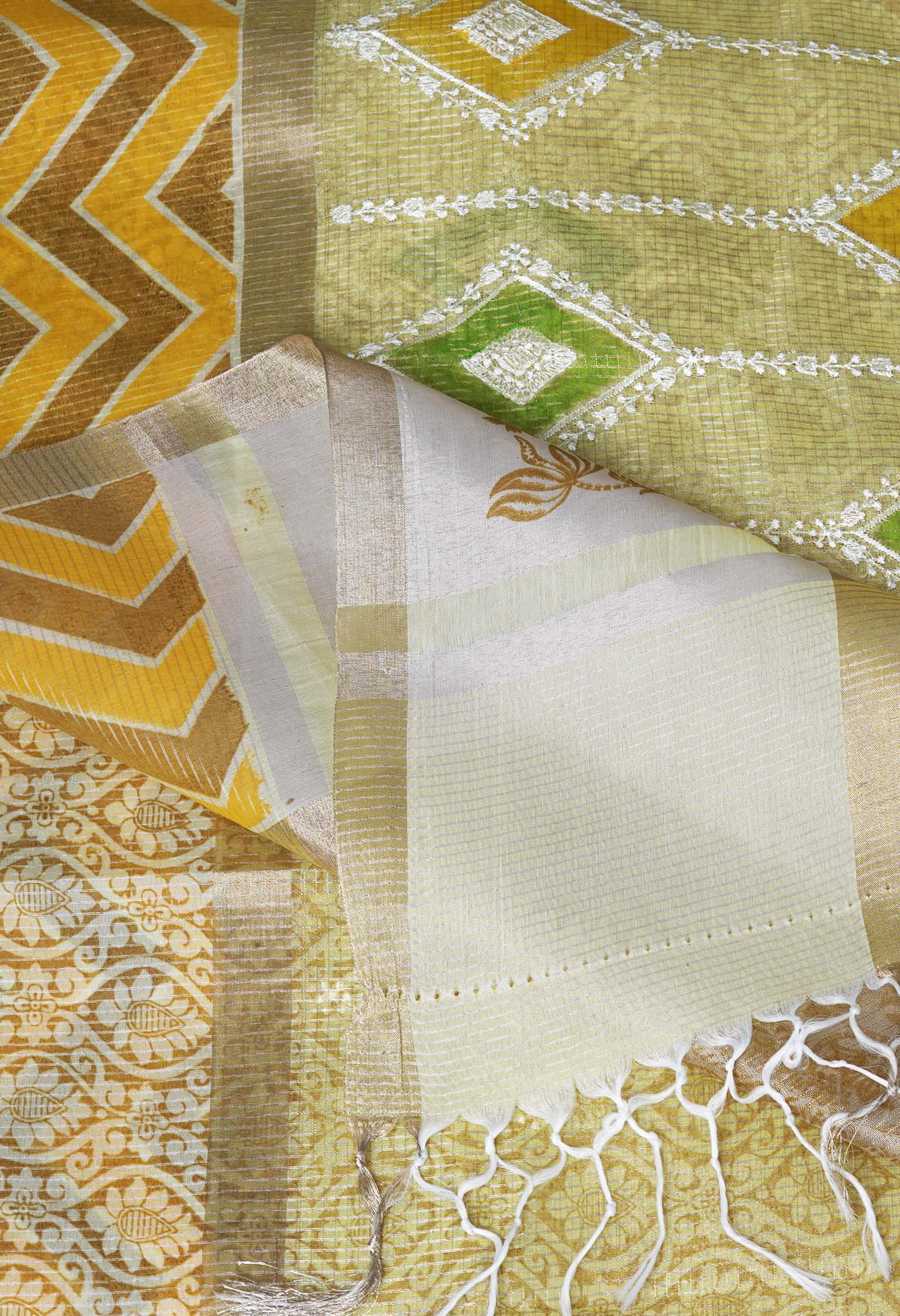 Lemon Yellow Pure Banarasi Zari Weaving Checks and Applique With Emboridery Kota Saree-UNM82969