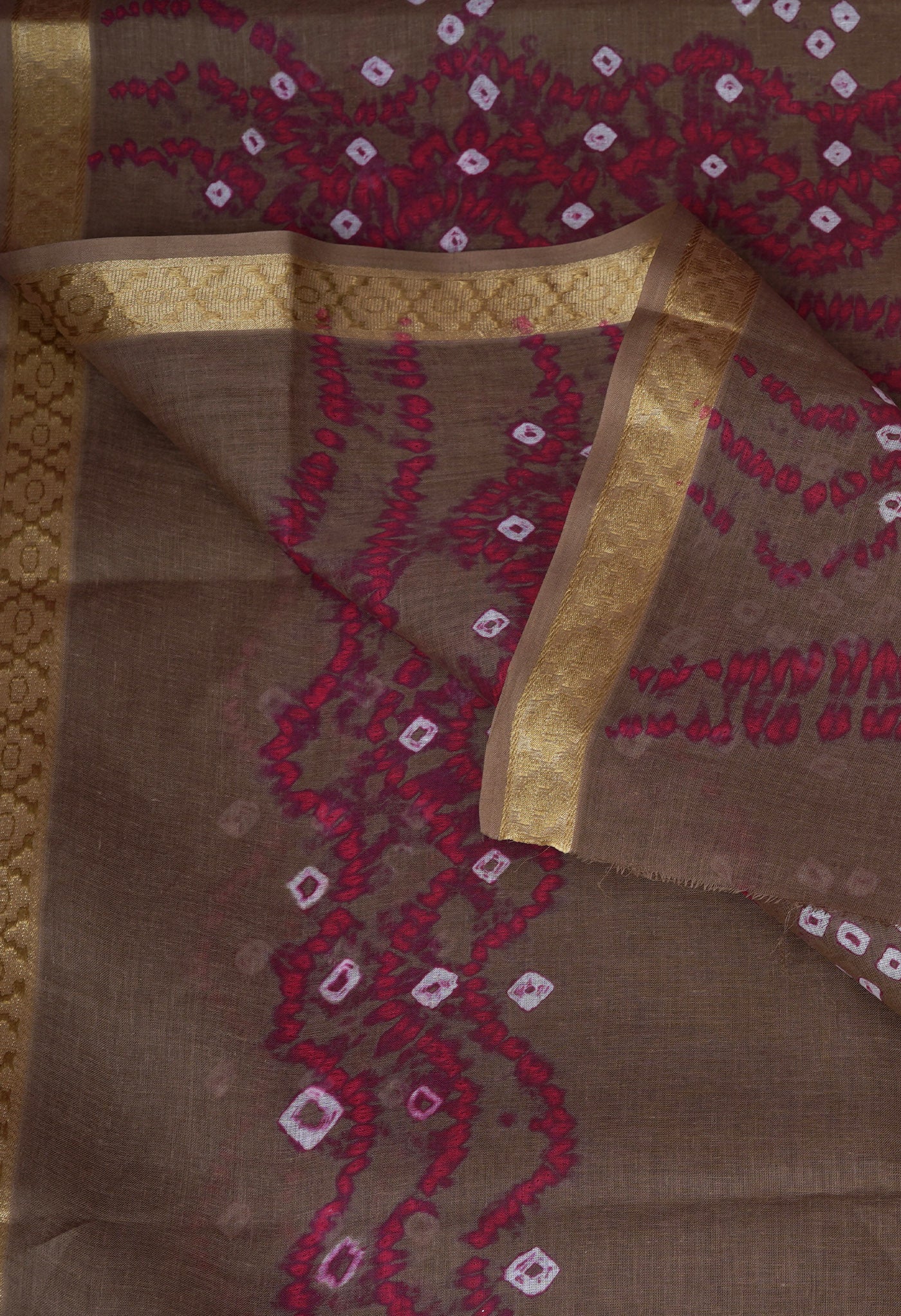 Brown-Pink Pure Bandhani Tie & Dye Soft Mulmul Cotton Saree-UNM83007