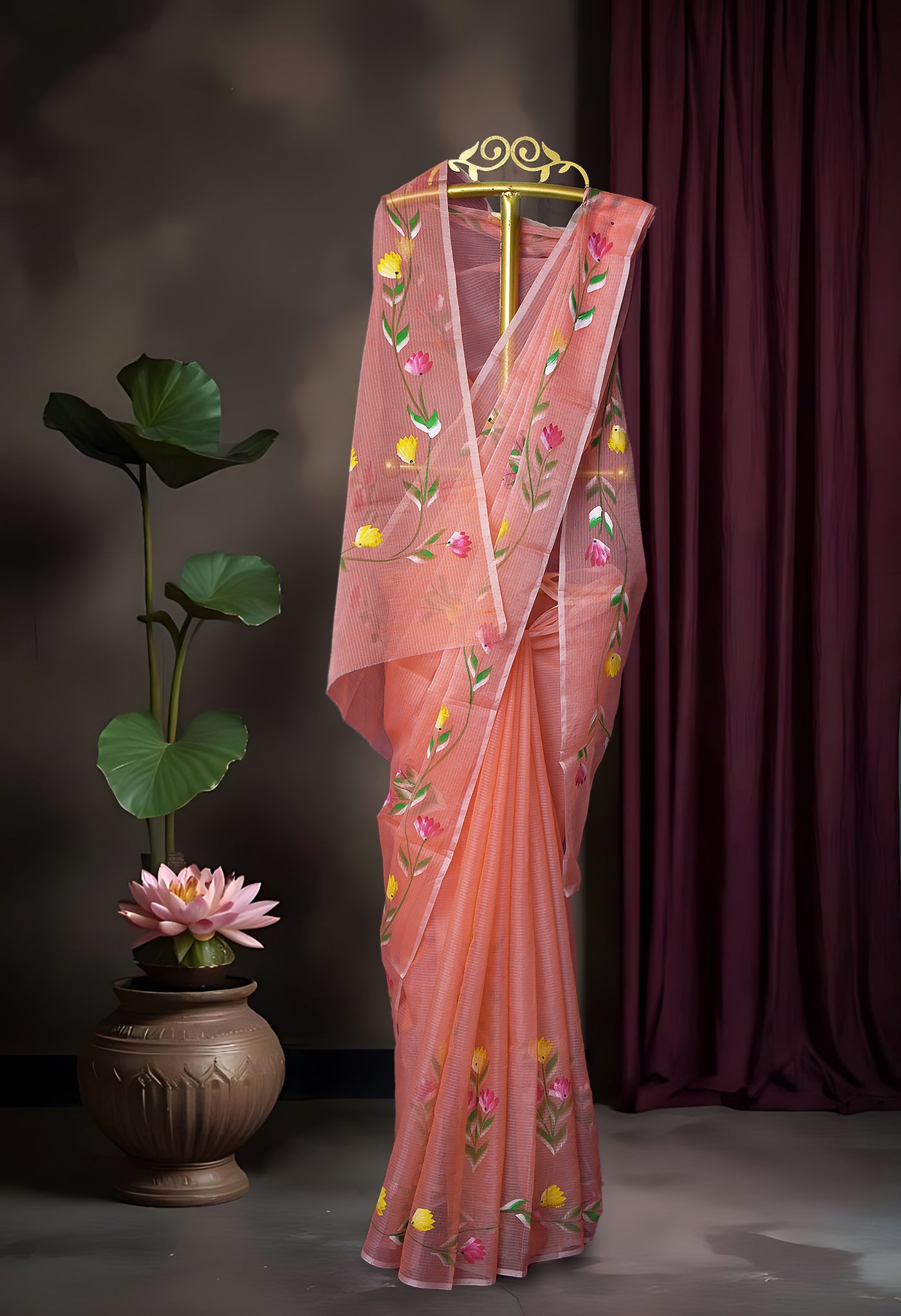 Orange Pure Hand Painted Doria Kota Saree-UNM83034