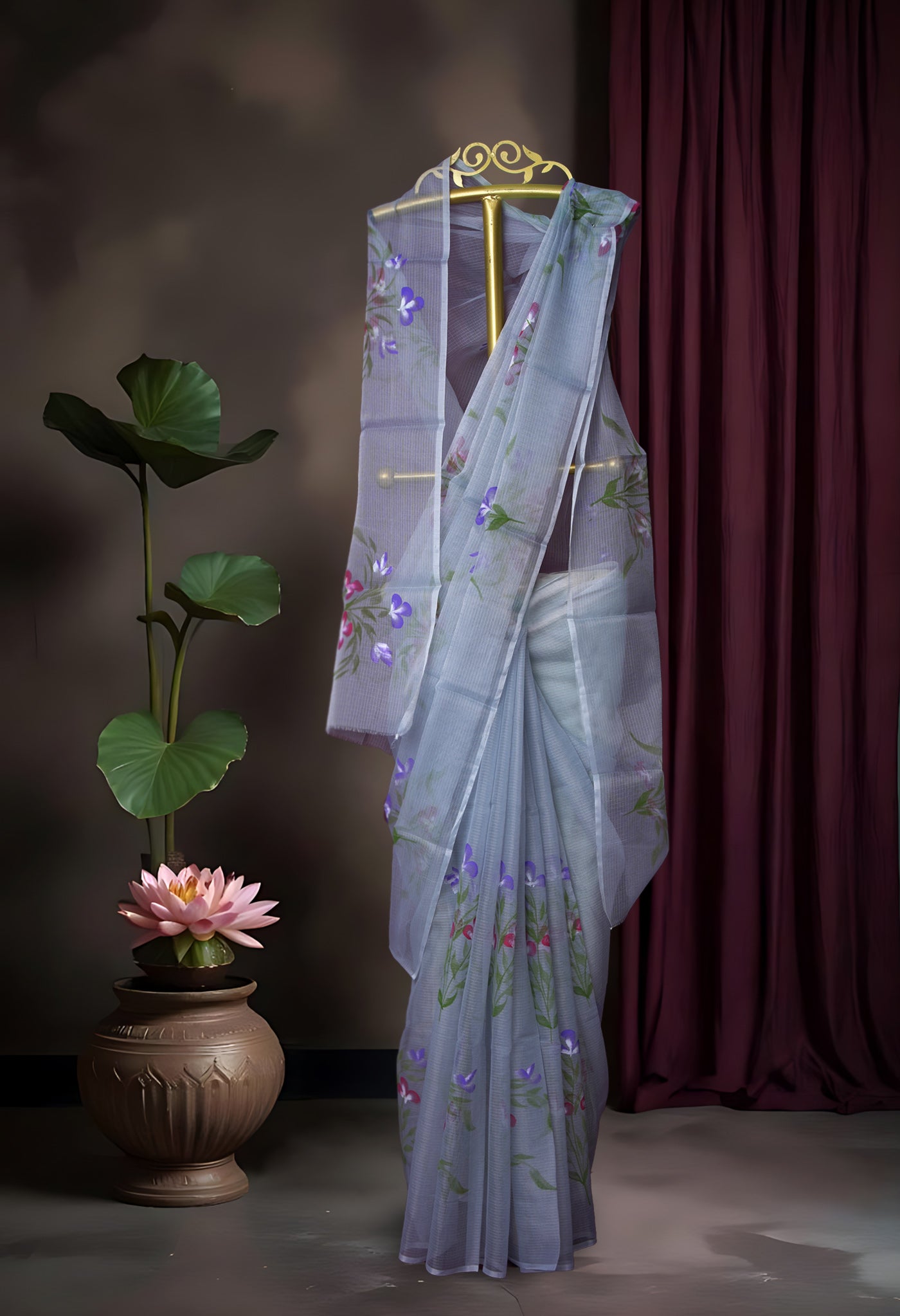 Grey Pure Hand Painted Doria Kota Saree-UNM83038