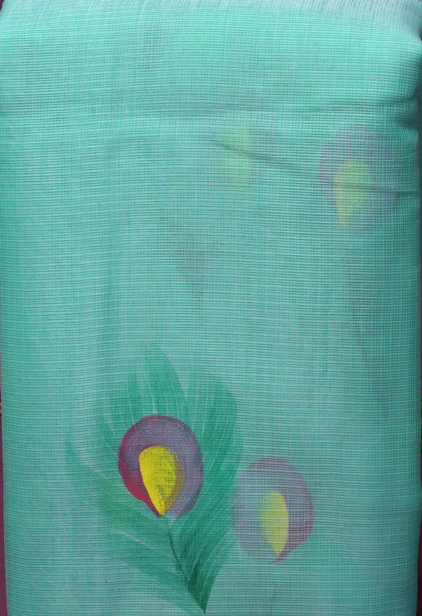 Turquoise Blue Pure Hand Painted Doria Kota Saree-UNM83040
