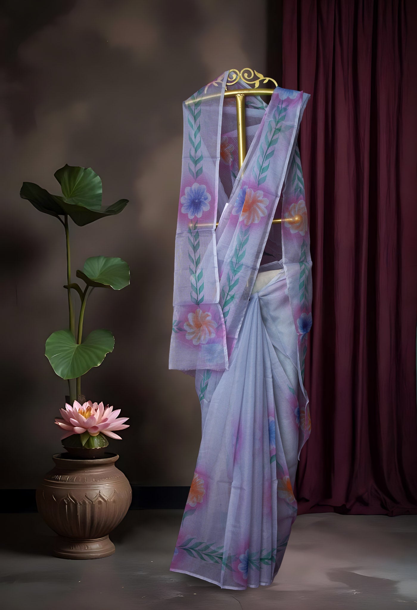 Grey Pure Hand Painted Doria Kota Saree-UNM83041