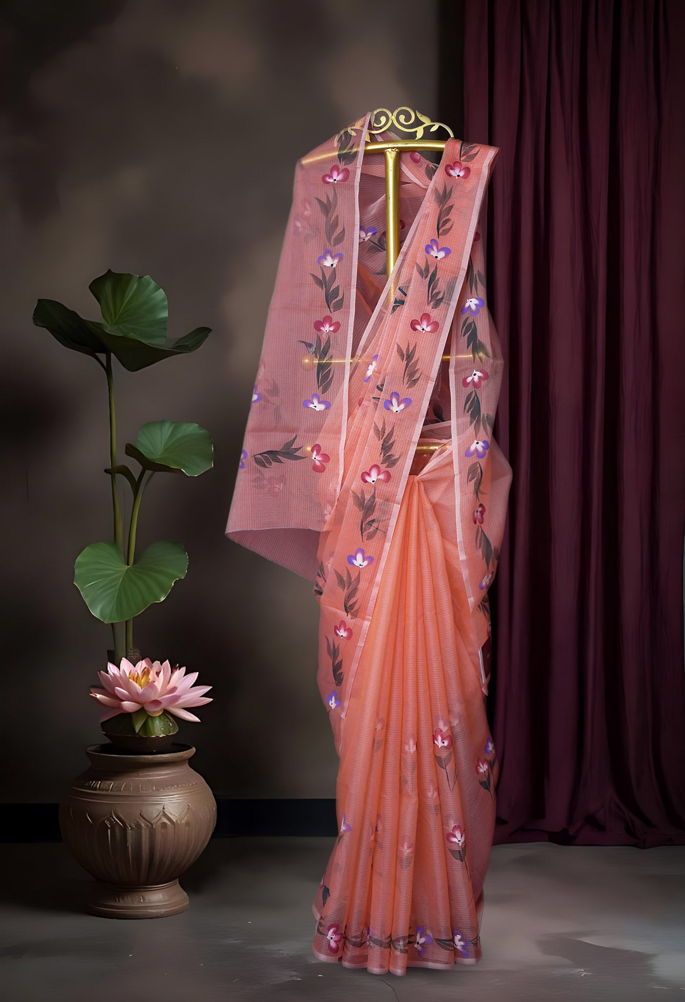 Orange Pure Hand Painted Doria Kota Saree-UNM83048