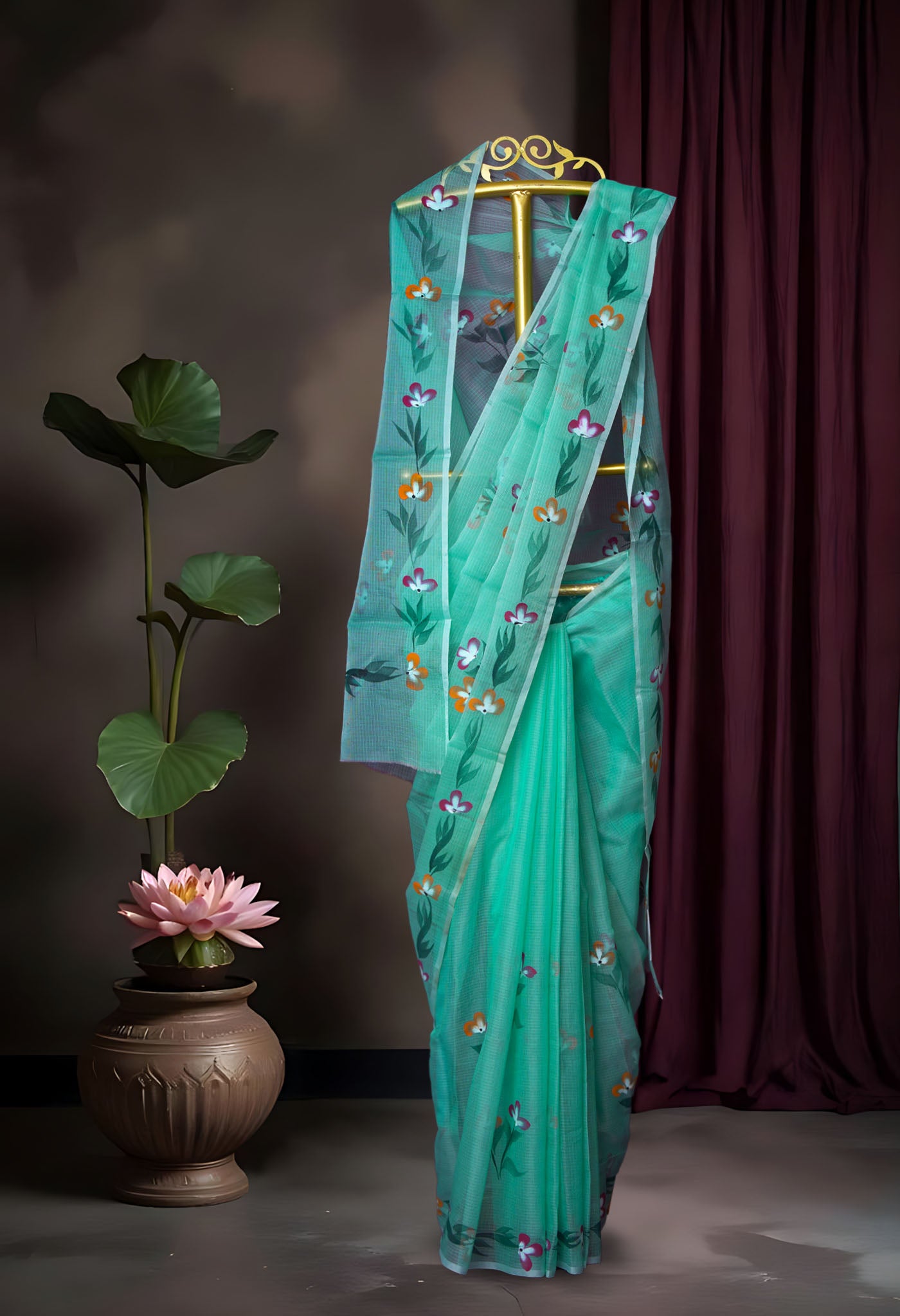 Turquoise Blue Pure Hand Painted Doria Kota Saree-UNM83052
