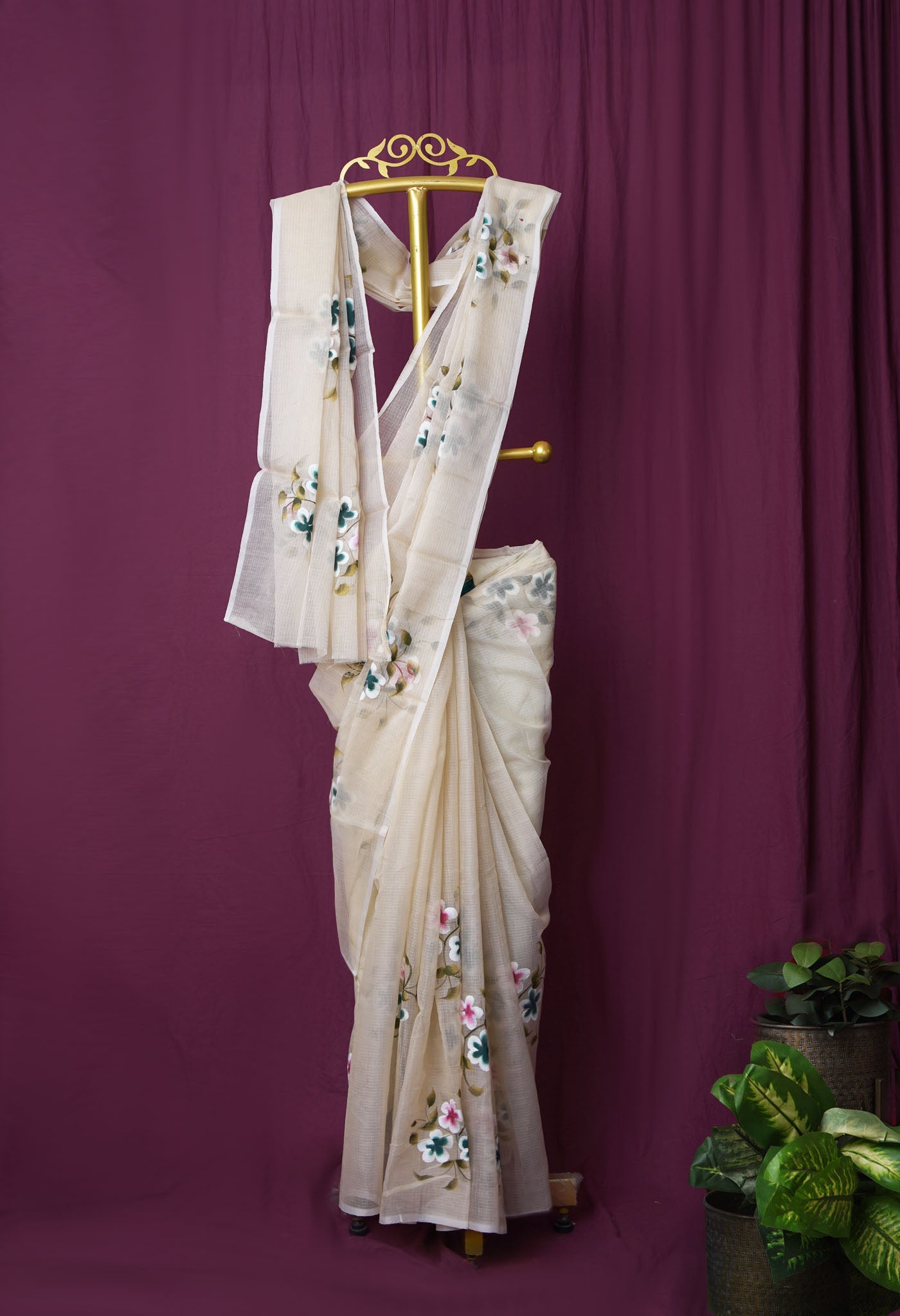 Cream Pure Hand Painted Doria Kota Saree-UNM83053