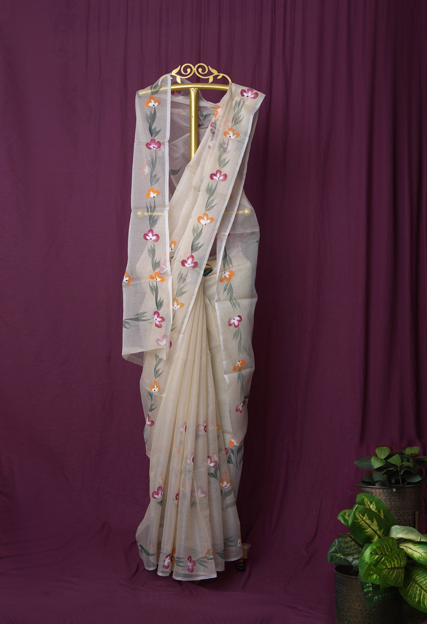 Cream Pure Hand Painted Doria Kota Saree-UNM83060