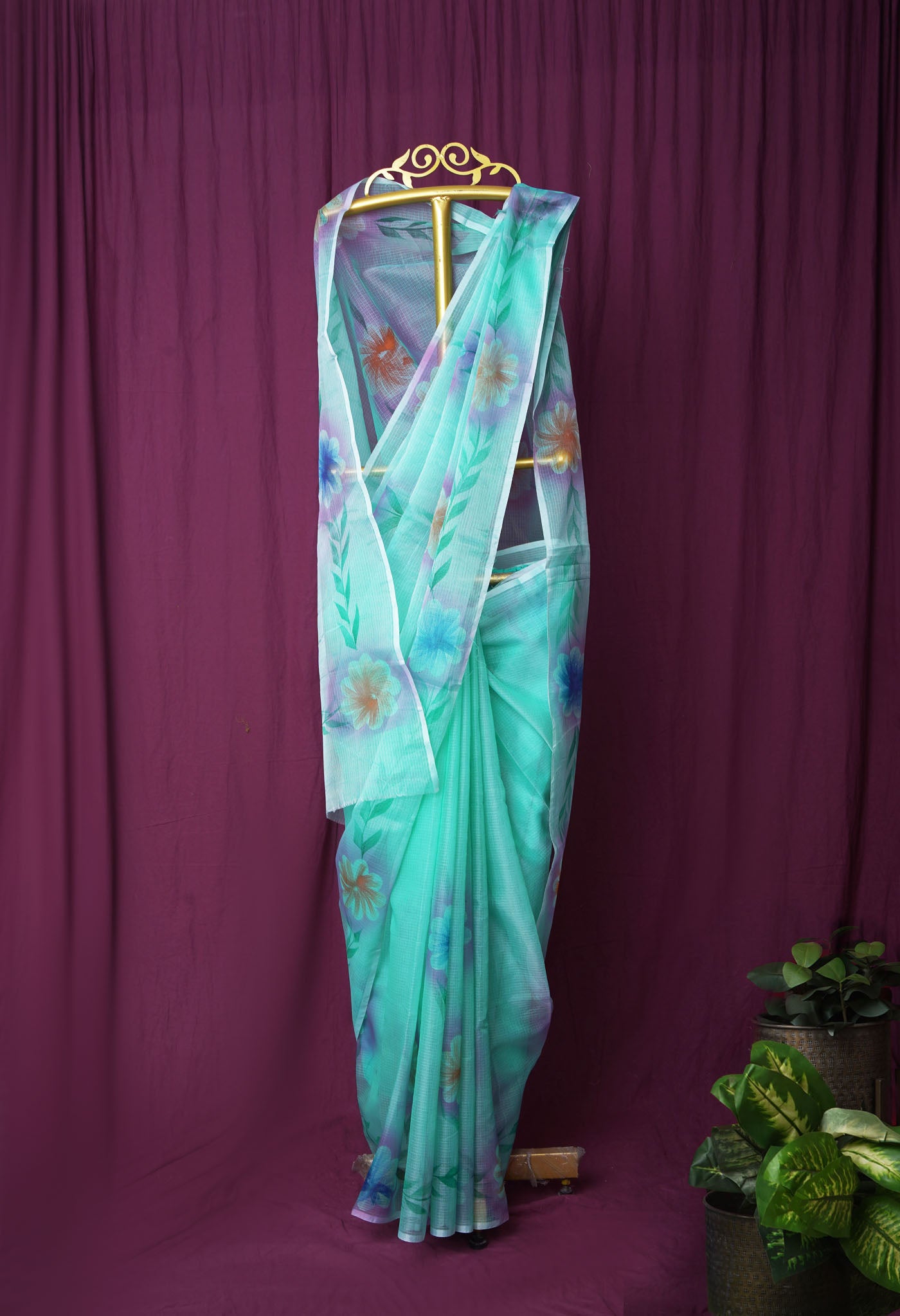 Turquoise Blue Pure Hand Painted Doria Kota Saree-UNM83070