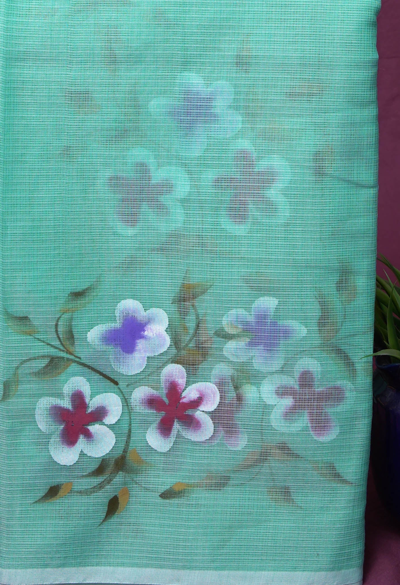 Turquoise Blue Pure Hand Painted Doria Kota Saree-UNM83071