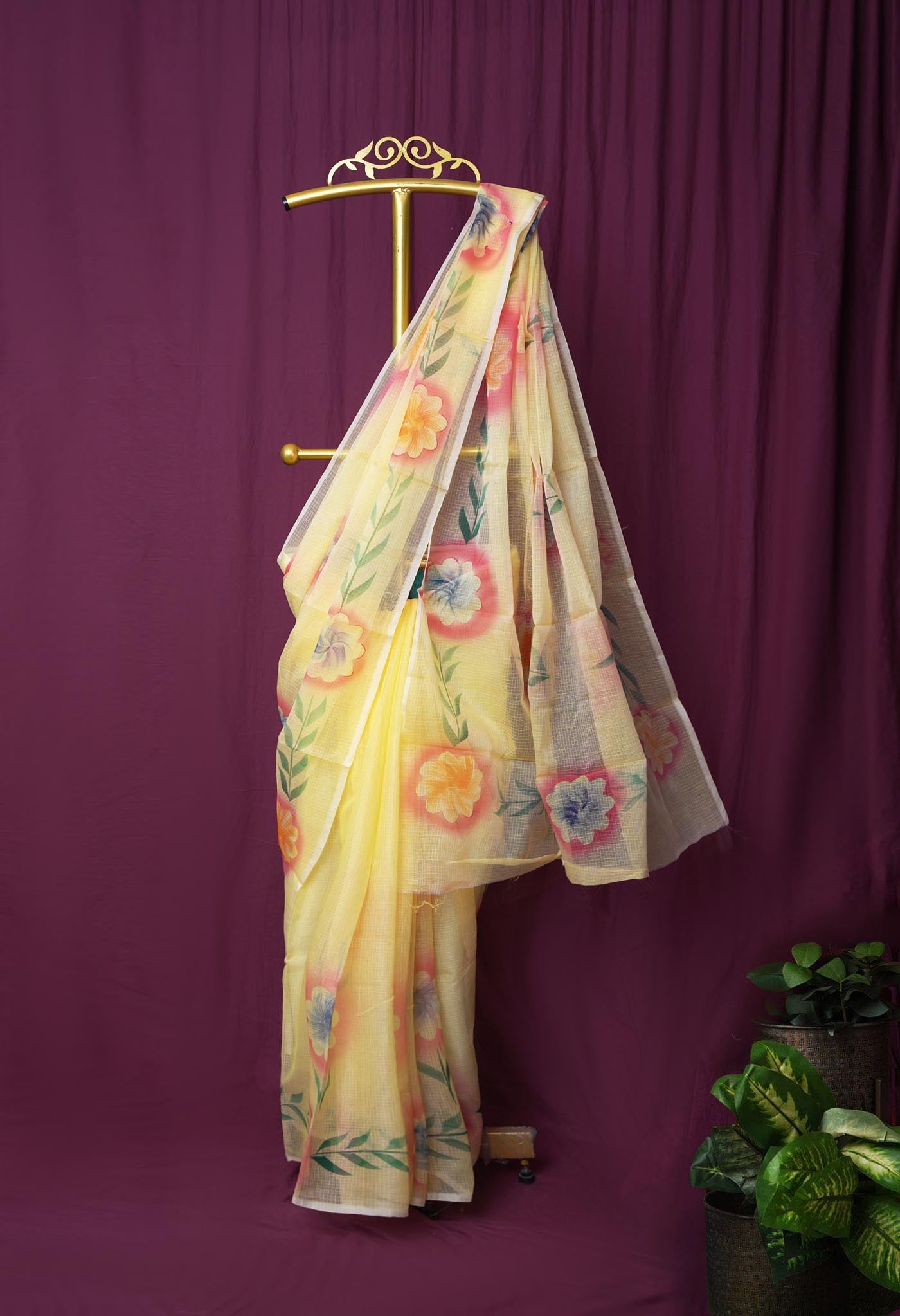 Yellow Pure Hand Painted Doria Kota Saree-UNM83072