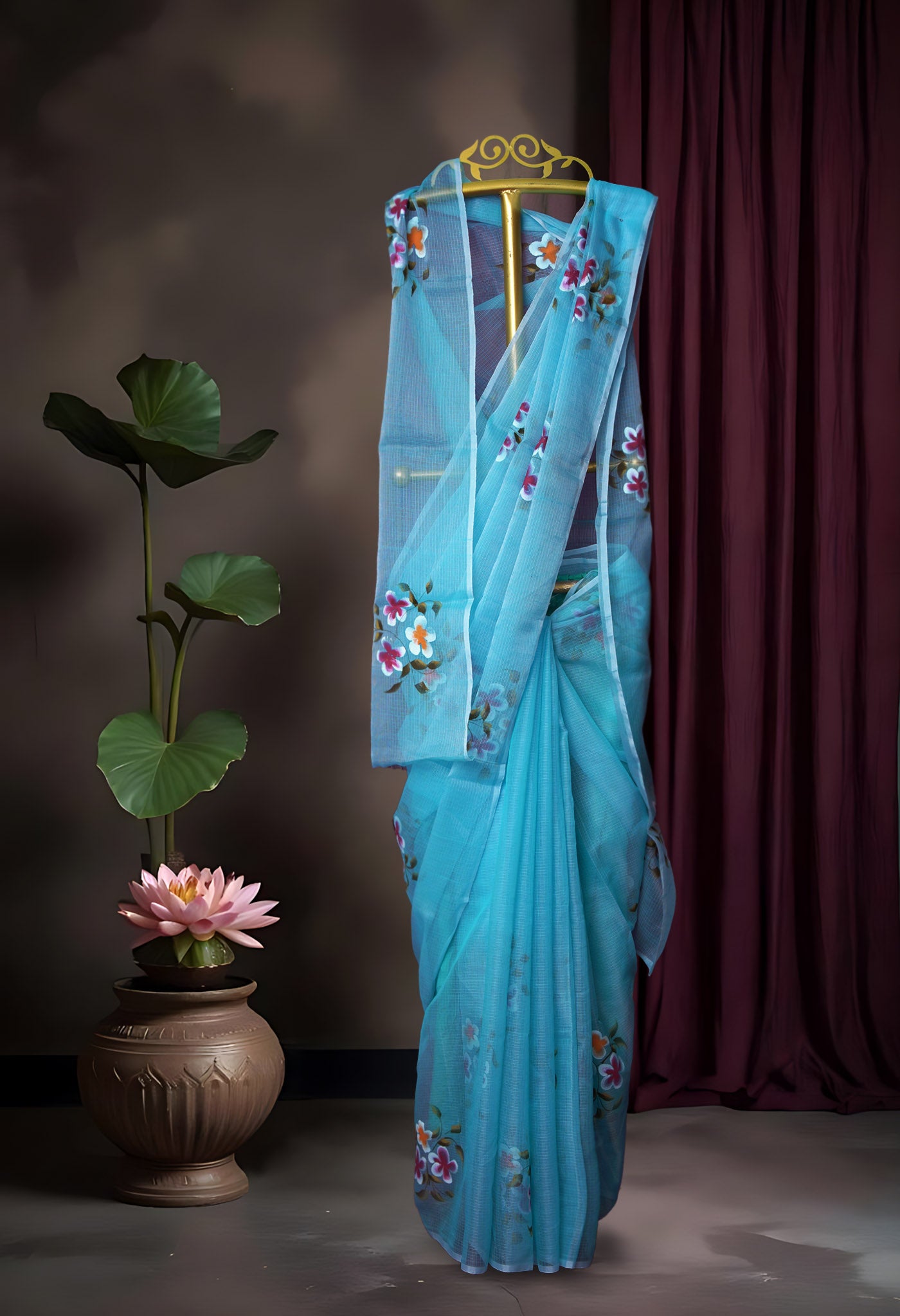 Blue Pure Hand Painted Doria Kota Saree-UNM83074