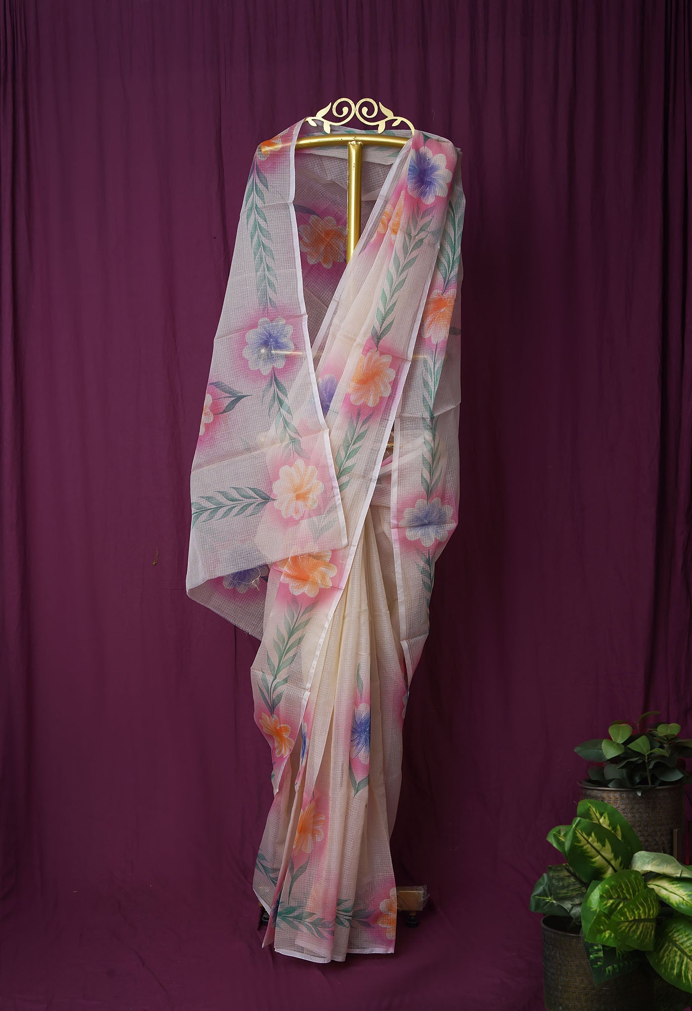 Cream Pure Hand Painted Doria Kota Saree-UNM83075