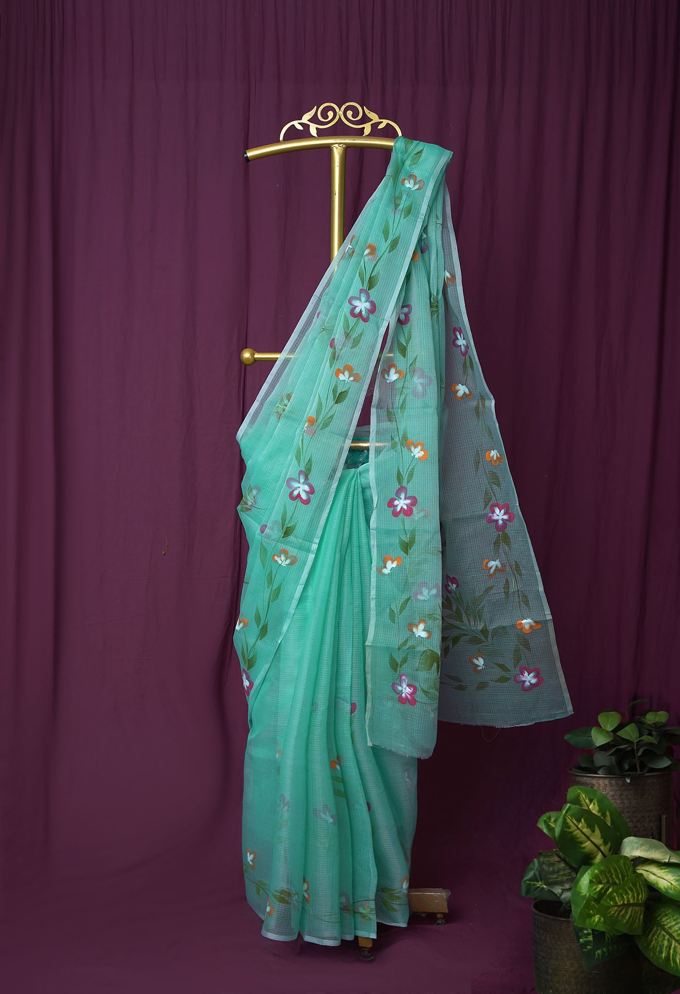 Turquoise Blue Pure Hand Painted Doria Kota Saree-UNM83082