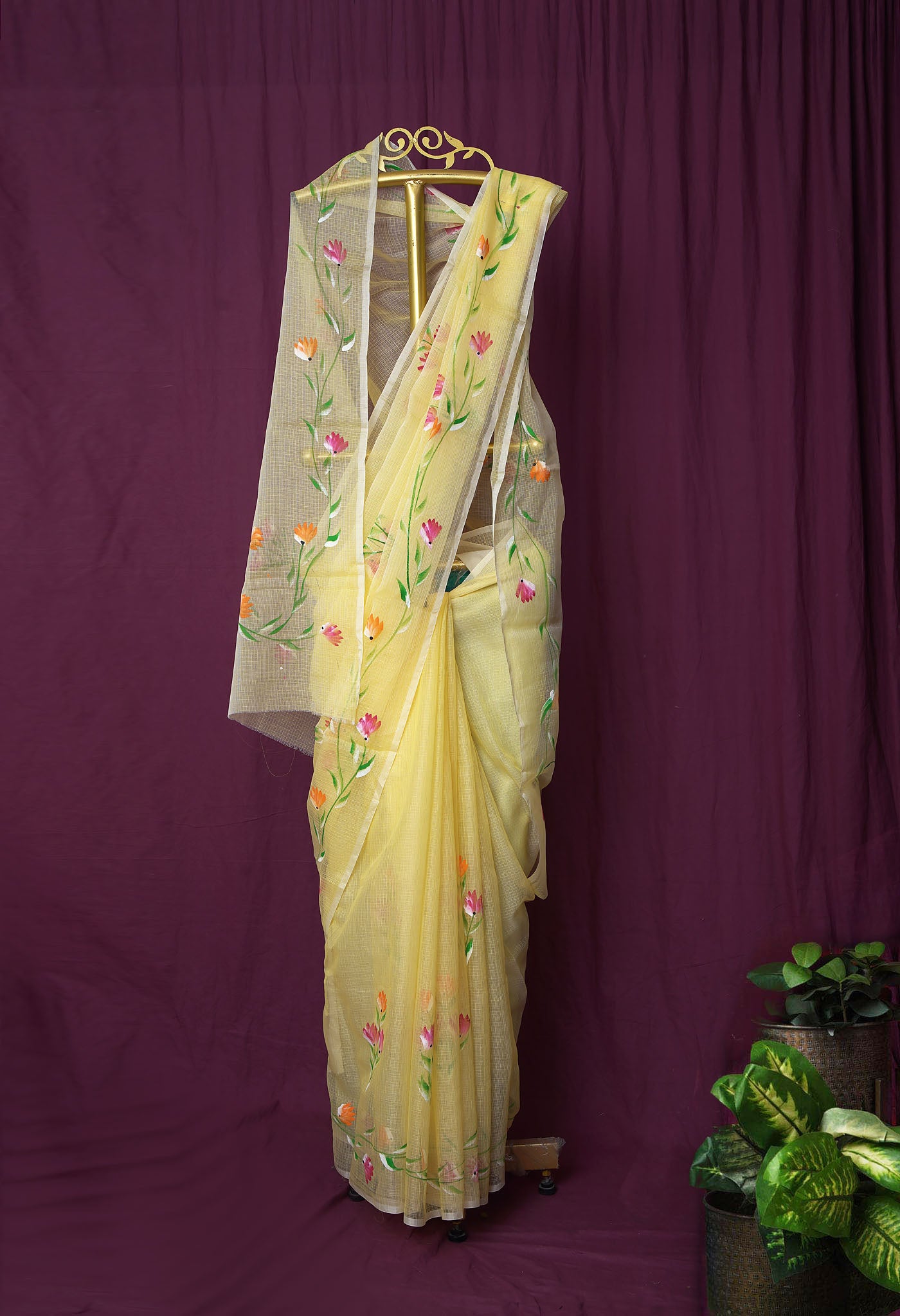 Yellow Pure Hand Painted Doria Kota Saree-UNM83085