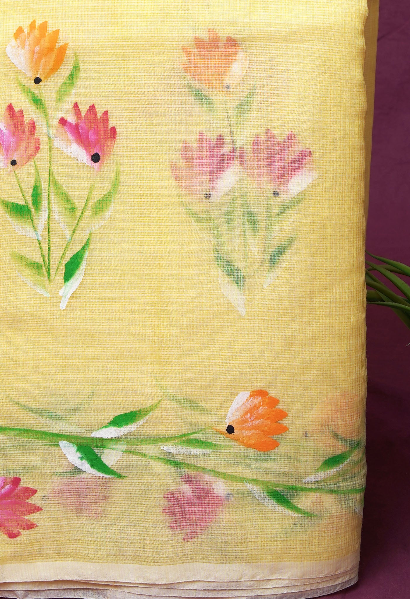 Yellow Pure Hand Painted Doria Kota Saree-UNM83085