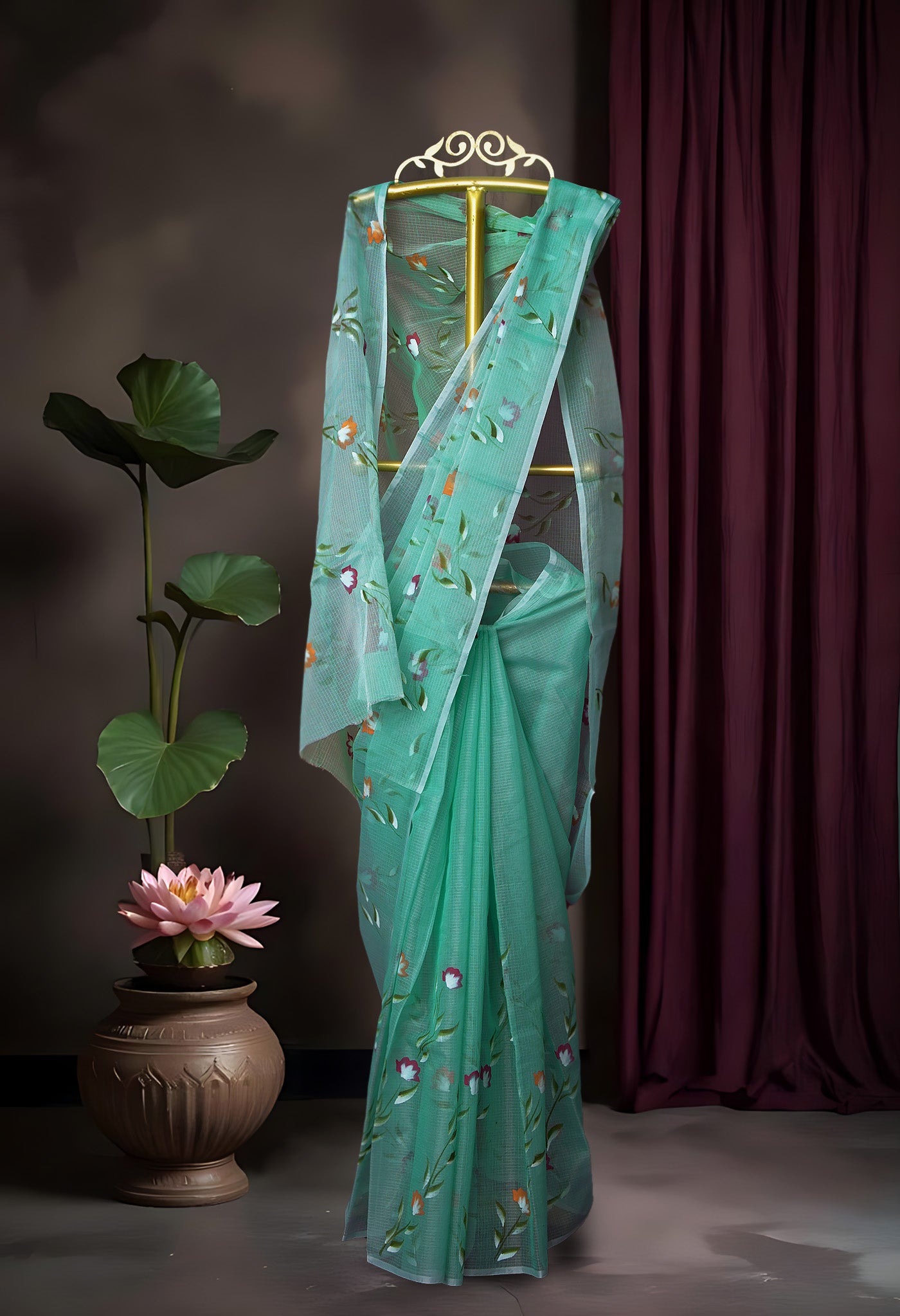 Turquoise Blue Pure Hand Painted Doria Kota Saree-UNM83088