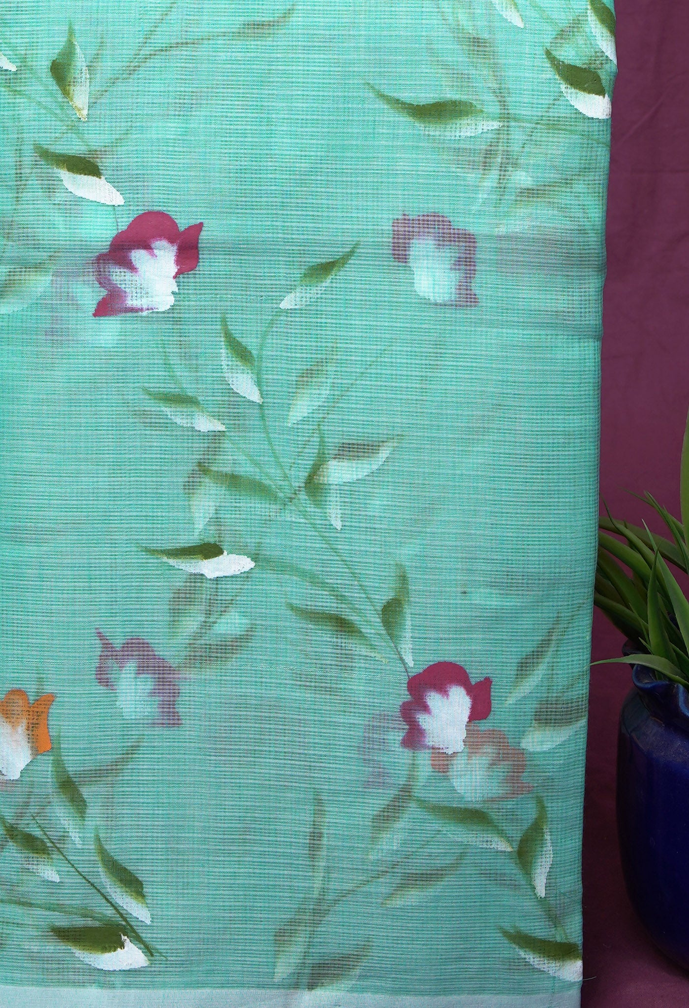 Turquoise Blue Pure Hand Painted Doria Kota Saree-UNM83088