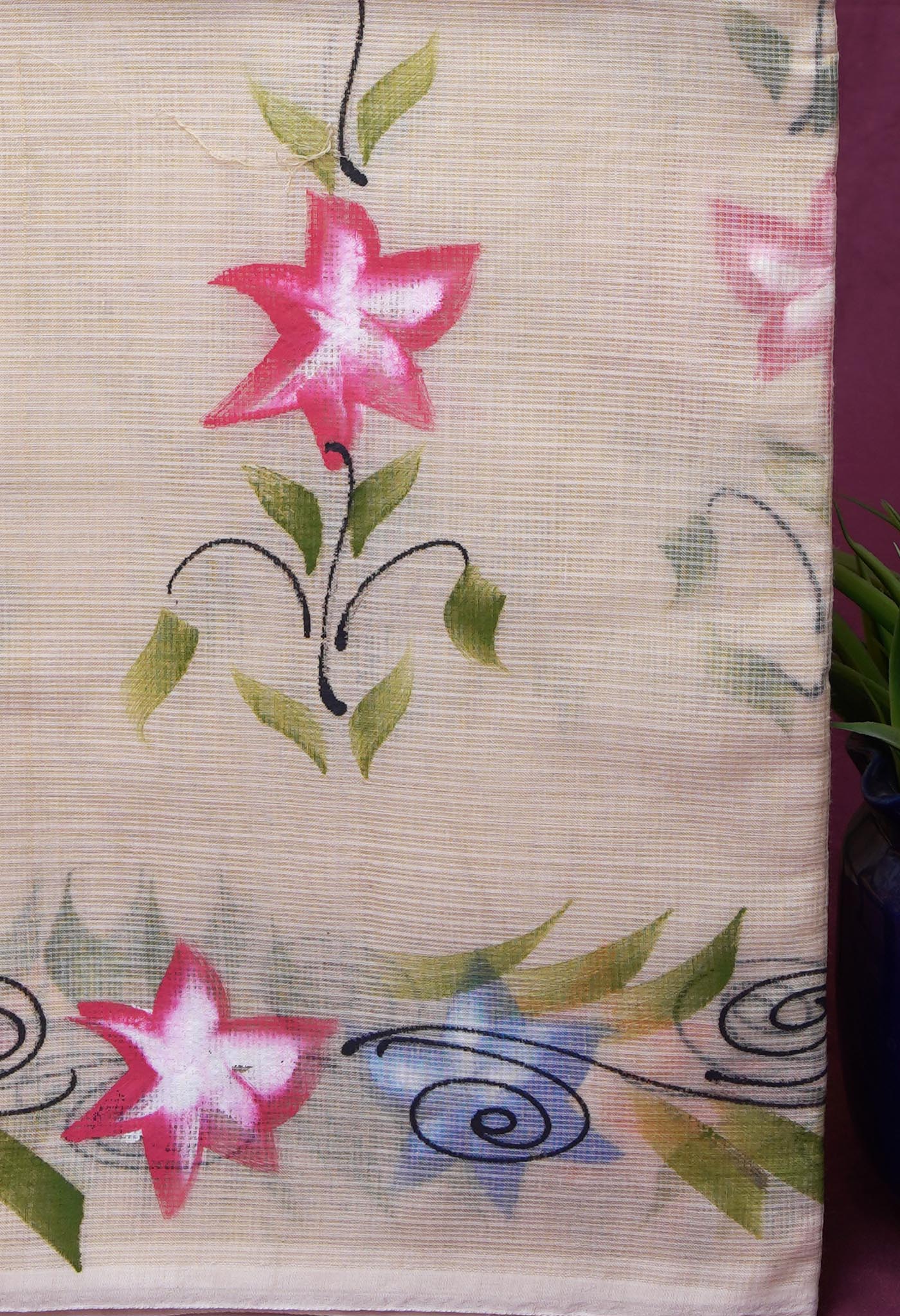 Cream Pure Hand Painted Doria Kota Saree-UNM83093