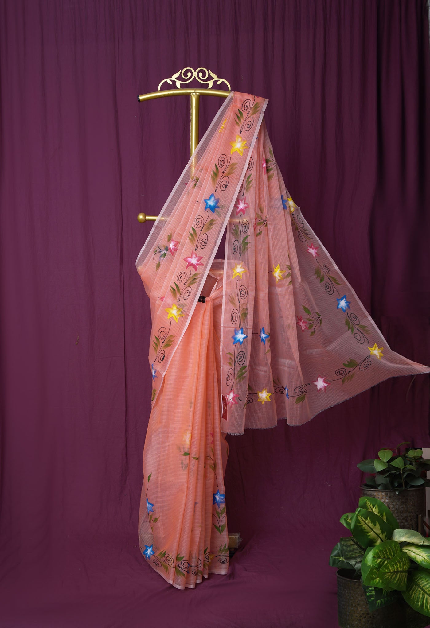 Orange Pure Hand Painted Doria Kota Saree-UNM83096