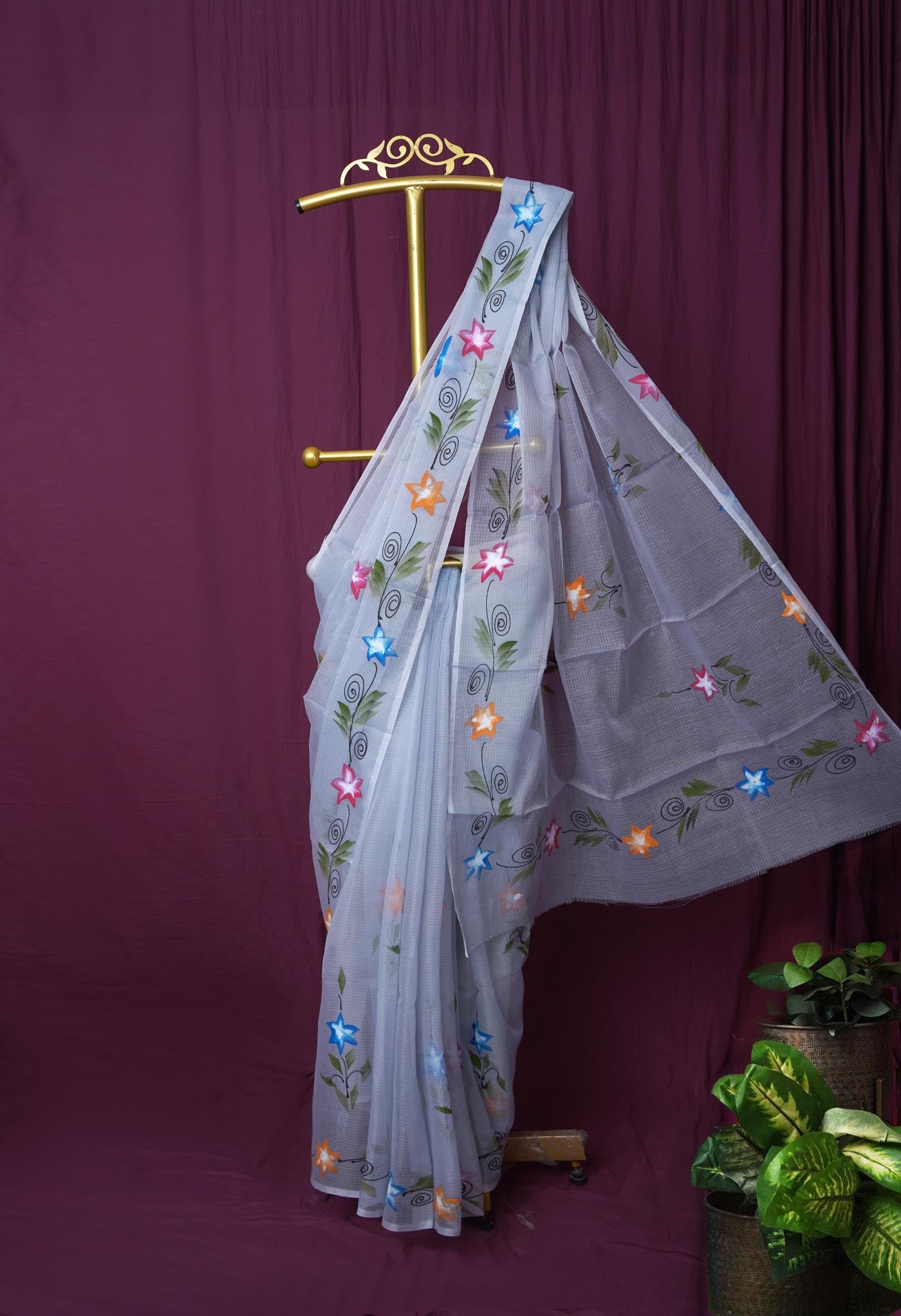 Grey Pure Hand Painted Doria Kota Saree-UNM83107