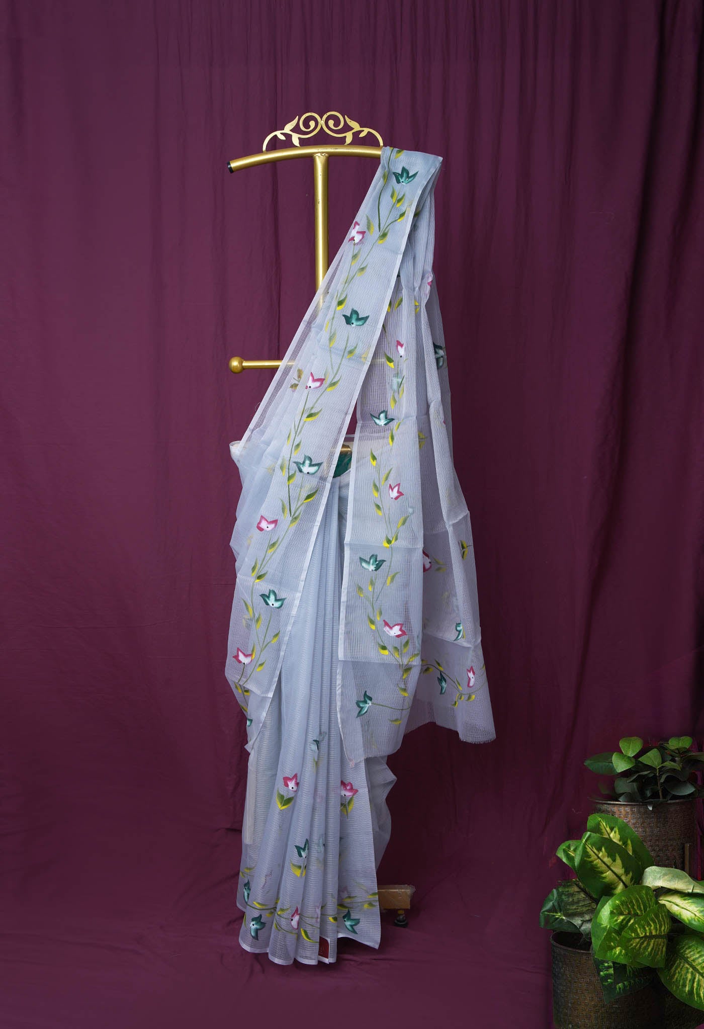 Grey Pure Hand Painted Doria Kota Saree-UNM83109